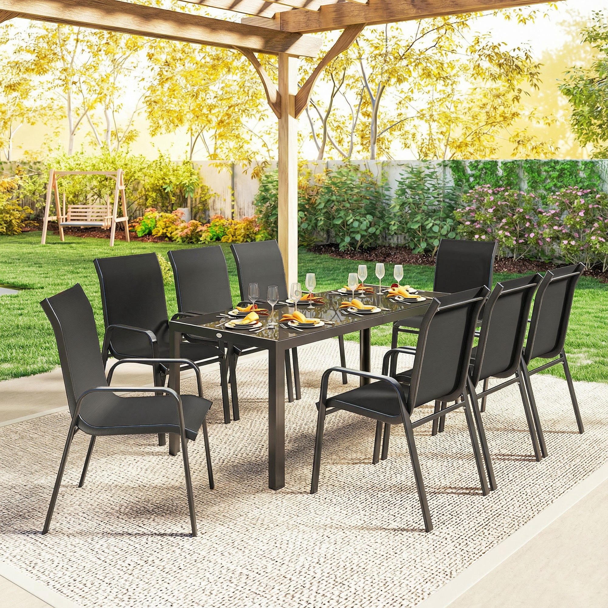 Outsunny 9 Pieces Patio Dining Set With Stackable Chairs, Black - Image 7