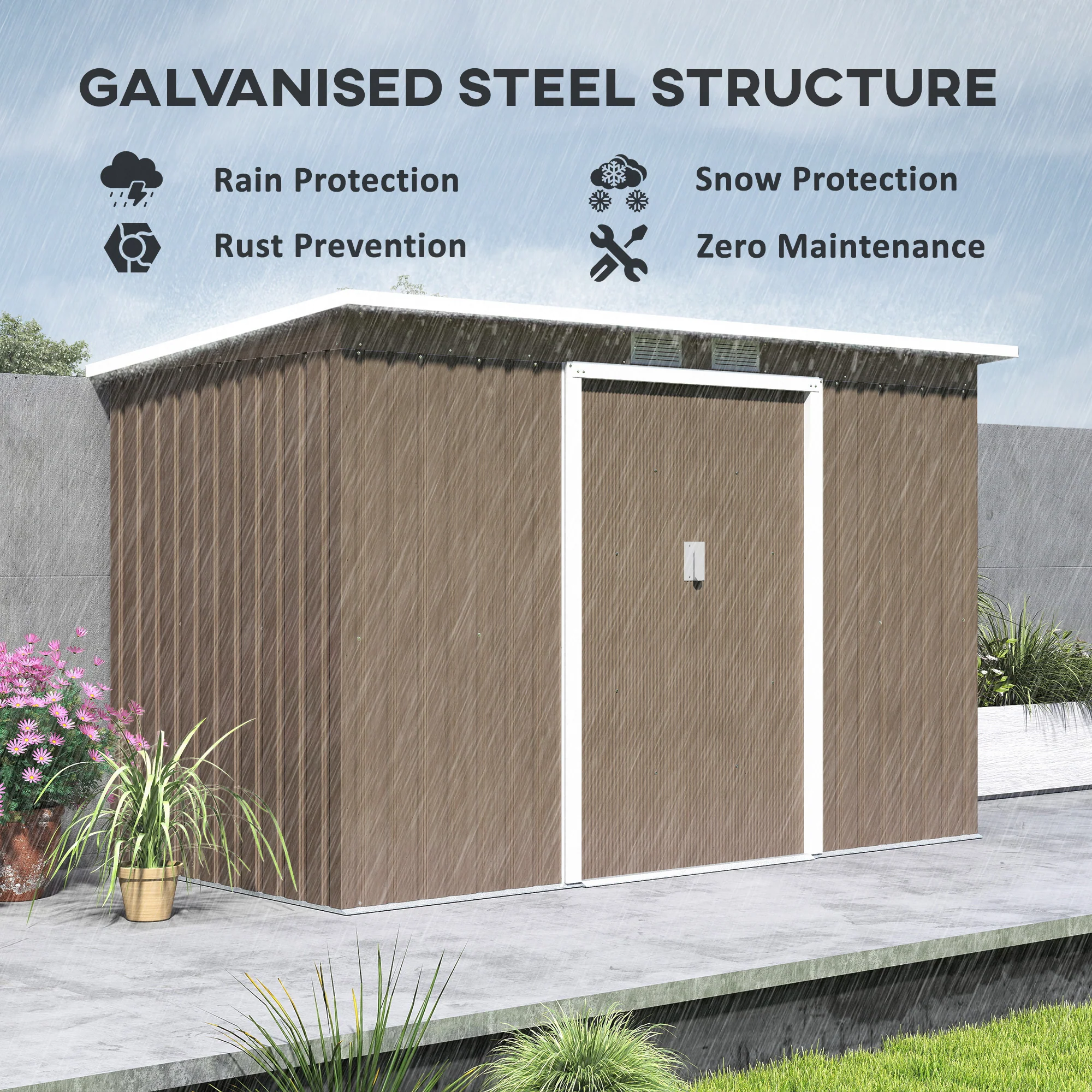 Outsunny 9 x 4FT Metal Garden Storage Shed w/ 2 Door, Light Grey Wood Grain - Image 3