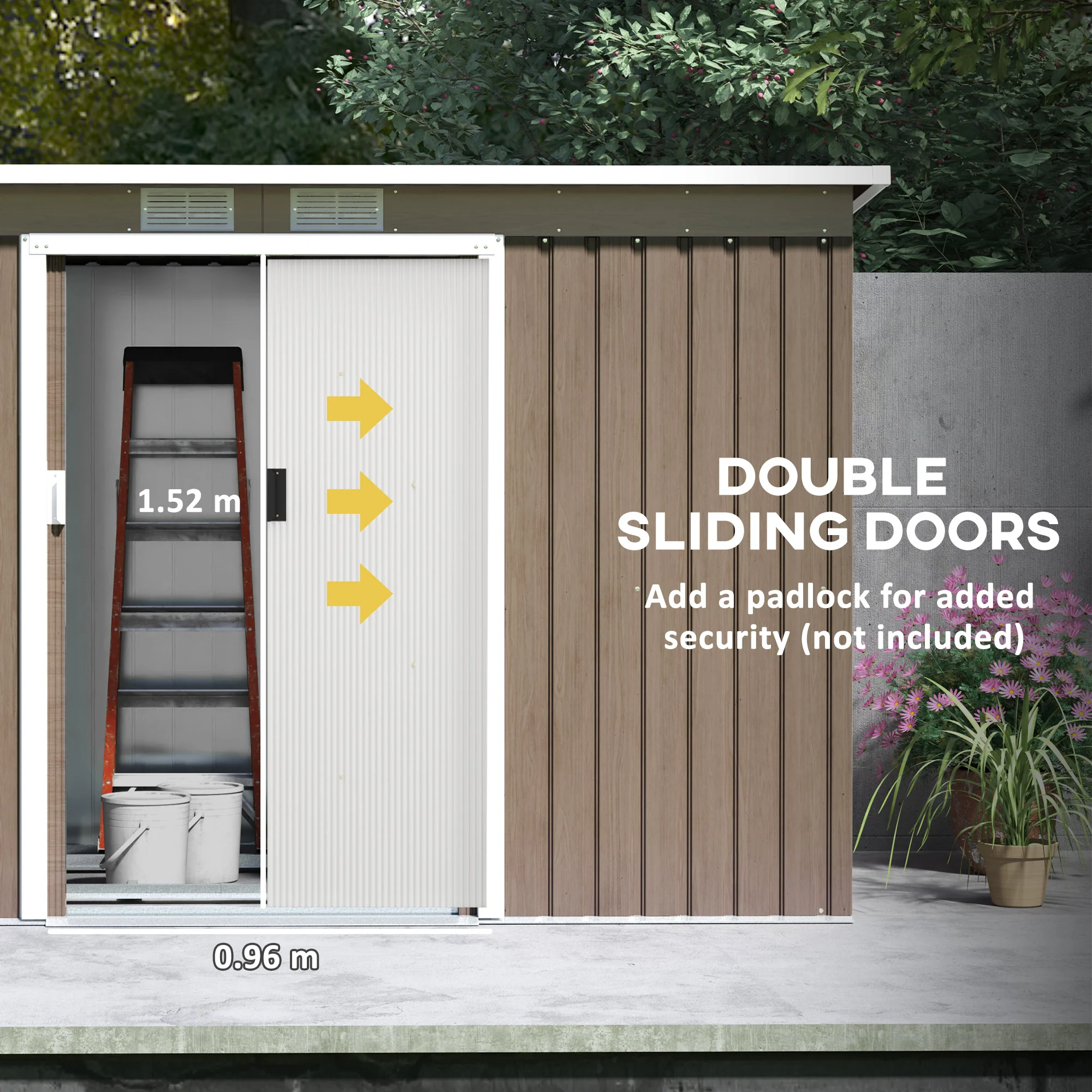Outsunny 9 x 4FT Metal Garden Storage Shed w/ 2 Door, Light Grey Wood Grain - Image 4