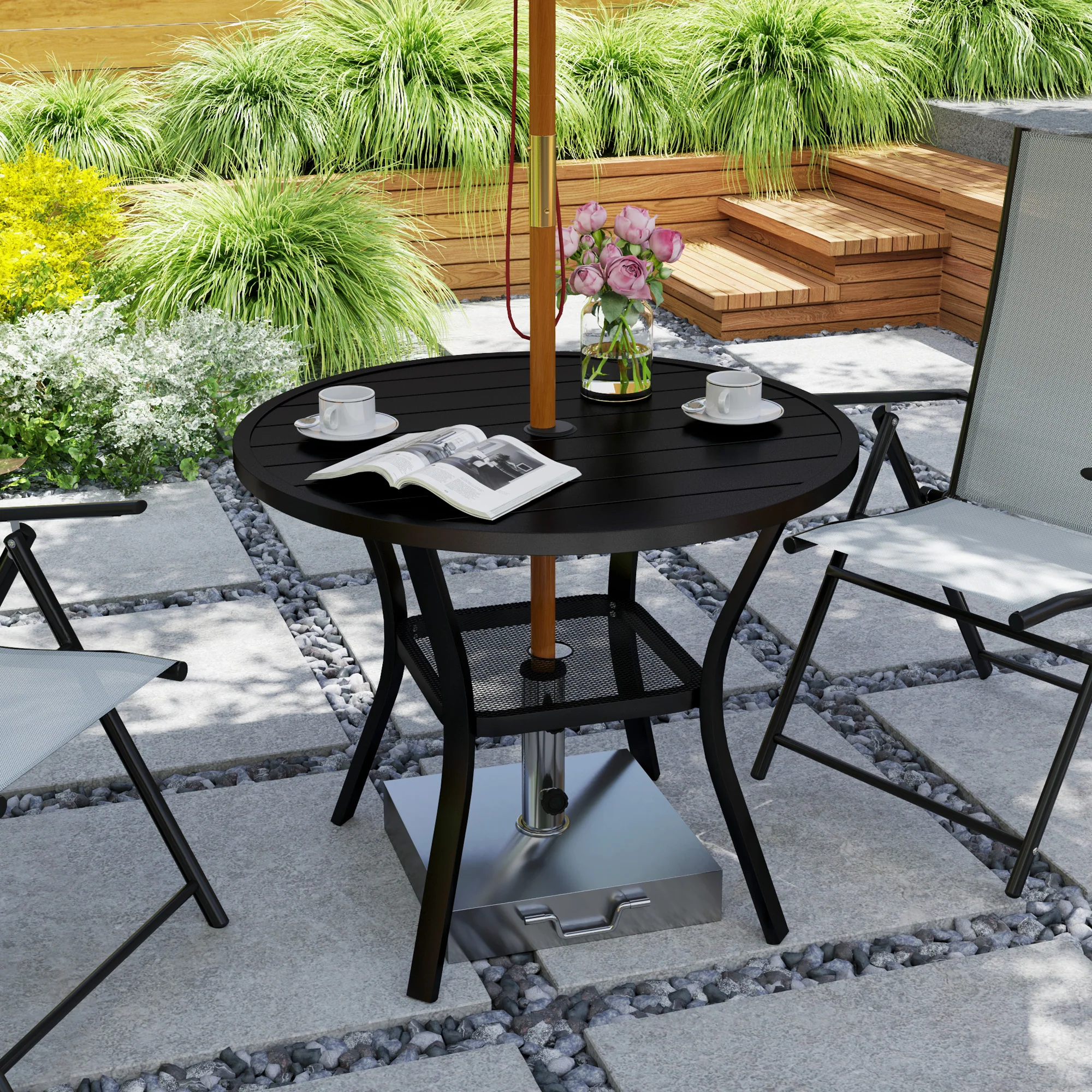 Outsunny 90 Cm Garden Dining Table, Round Garden Table With Parasol Hole - Image 2