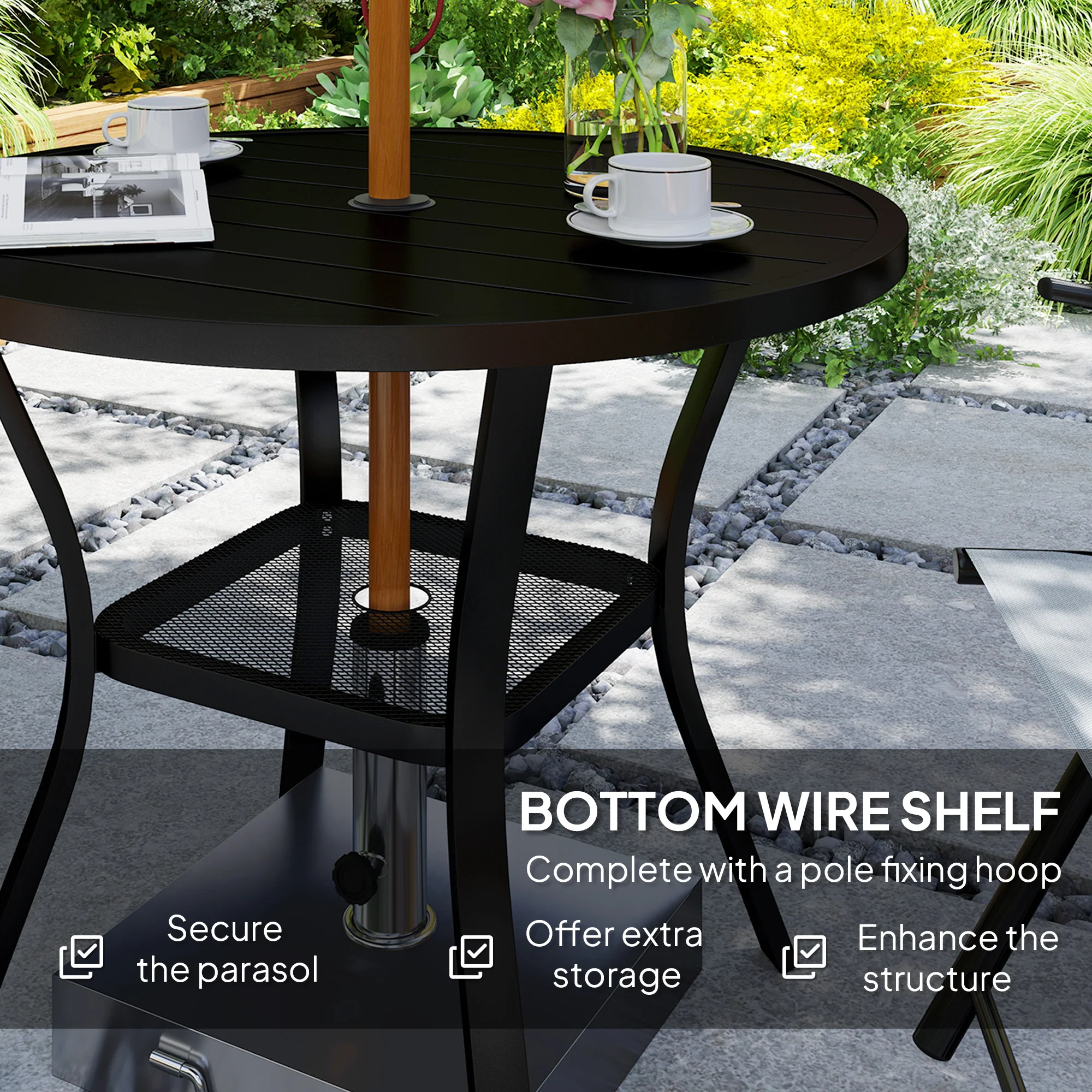 Outsunny 90 Cm Garden Dining Table, Round Garden Table With Parasol Hole - Image 7
