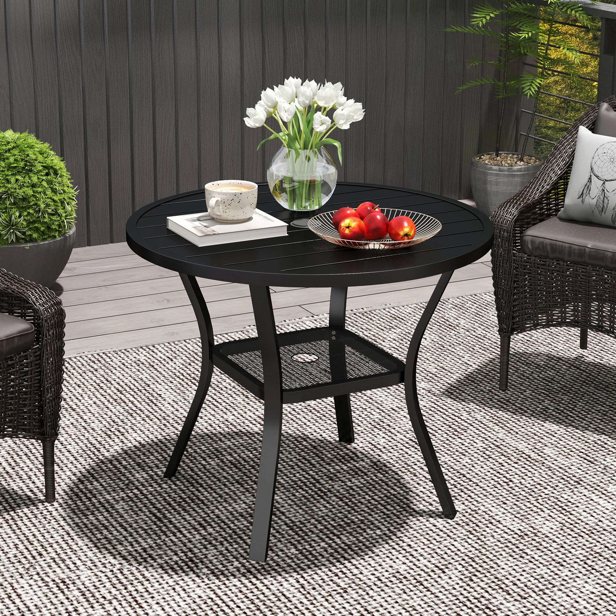 Outsunny 90 Cm Garden Dining Table, Round Garden Table With Parasol Hole - Image 8