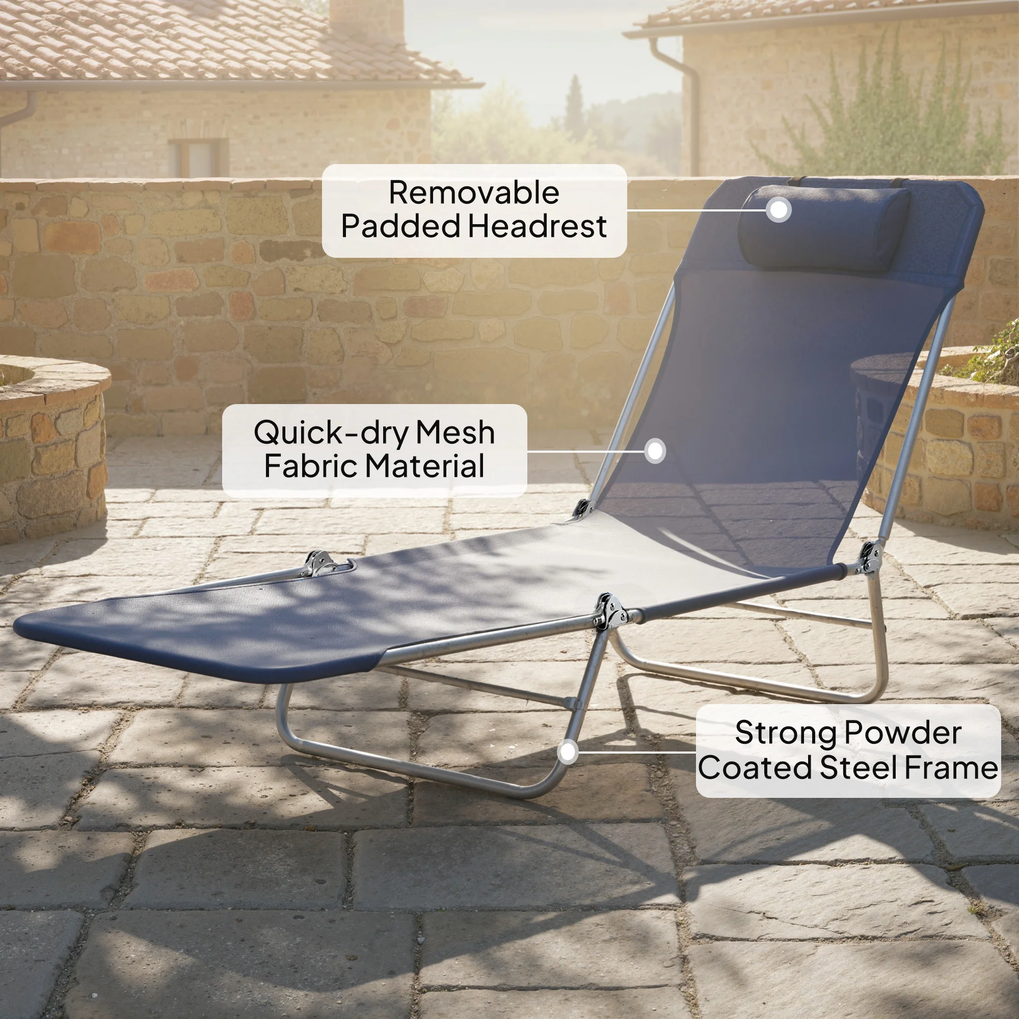 Outsunny Adjustable Sun Bed Garden Lounger Recliner Relaxing Camping Blue - Image 5