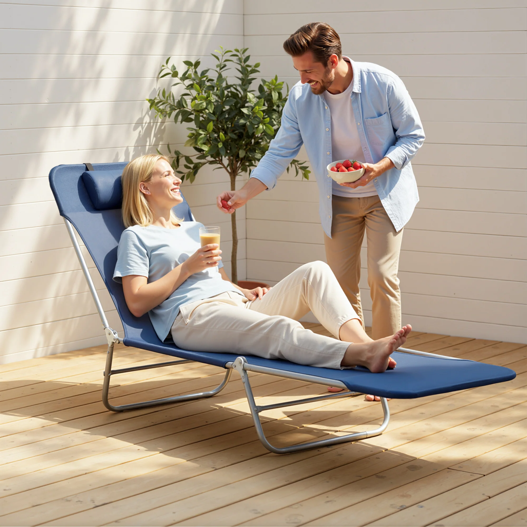 Outsunny Adjustable Sun Bed Garden Lounger Recliner Relaxing Camping Blue - Image 7