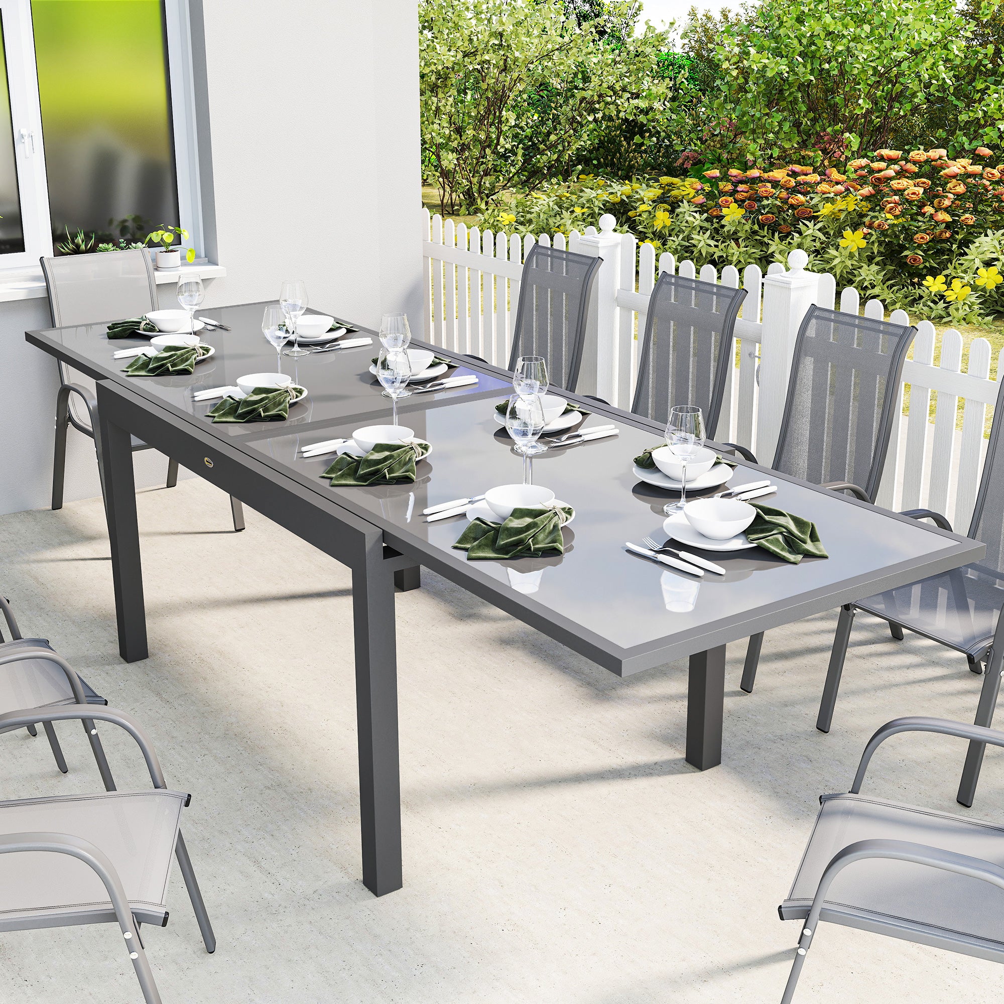 Outsunny Aluminium Extending Garden Table, Glass Top Dining Table, Grey - Image 2