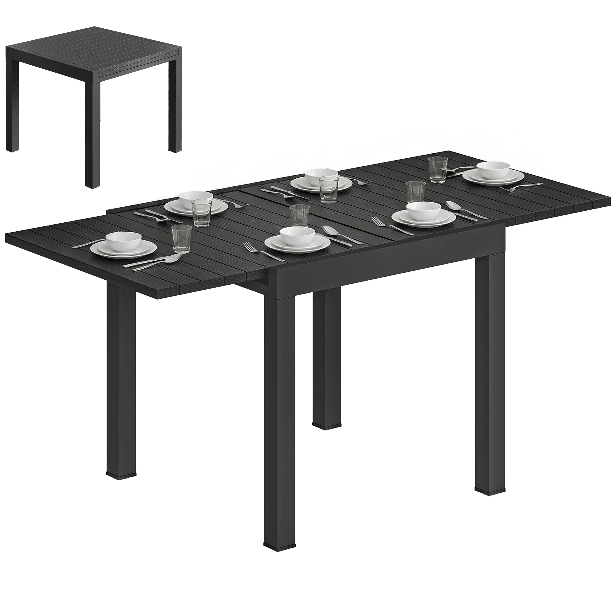 Outsunny Aluminium Extending Garden Table With Faux Wood Slatted Top, Black
