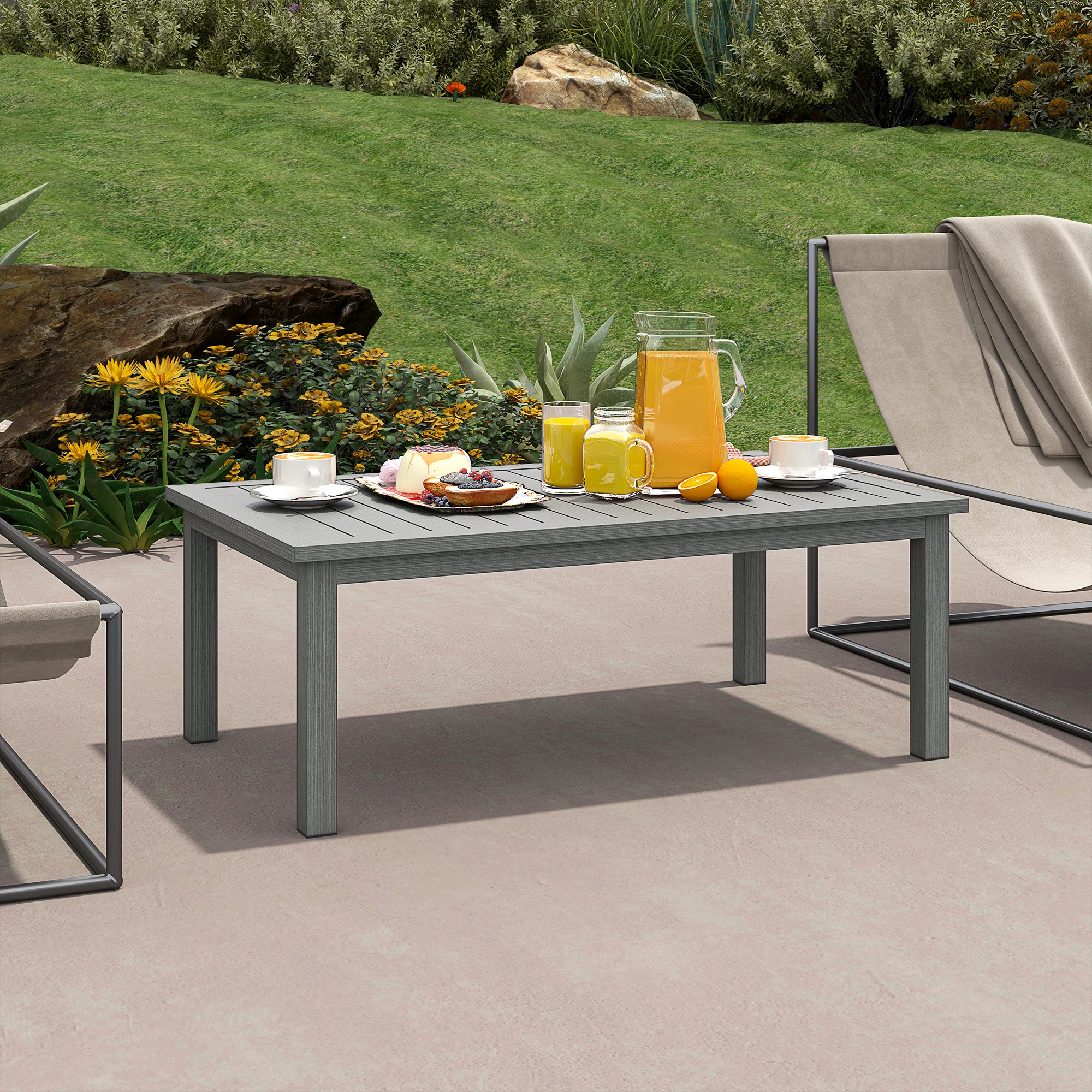Outsunny Aluminium Outdoor Coffee Table Patio Table w/ Grey Wood Grain Effect - Image 6