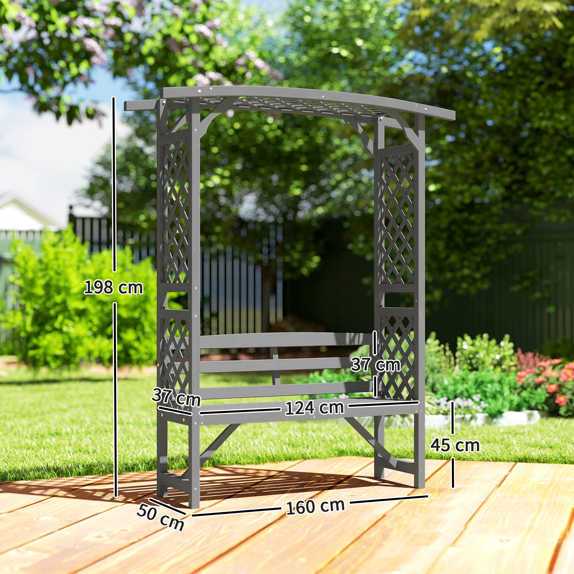 Outsunny Arch Pergola Garden Bench, Wooden Garden Arbour with Seat, Grey - Image 5