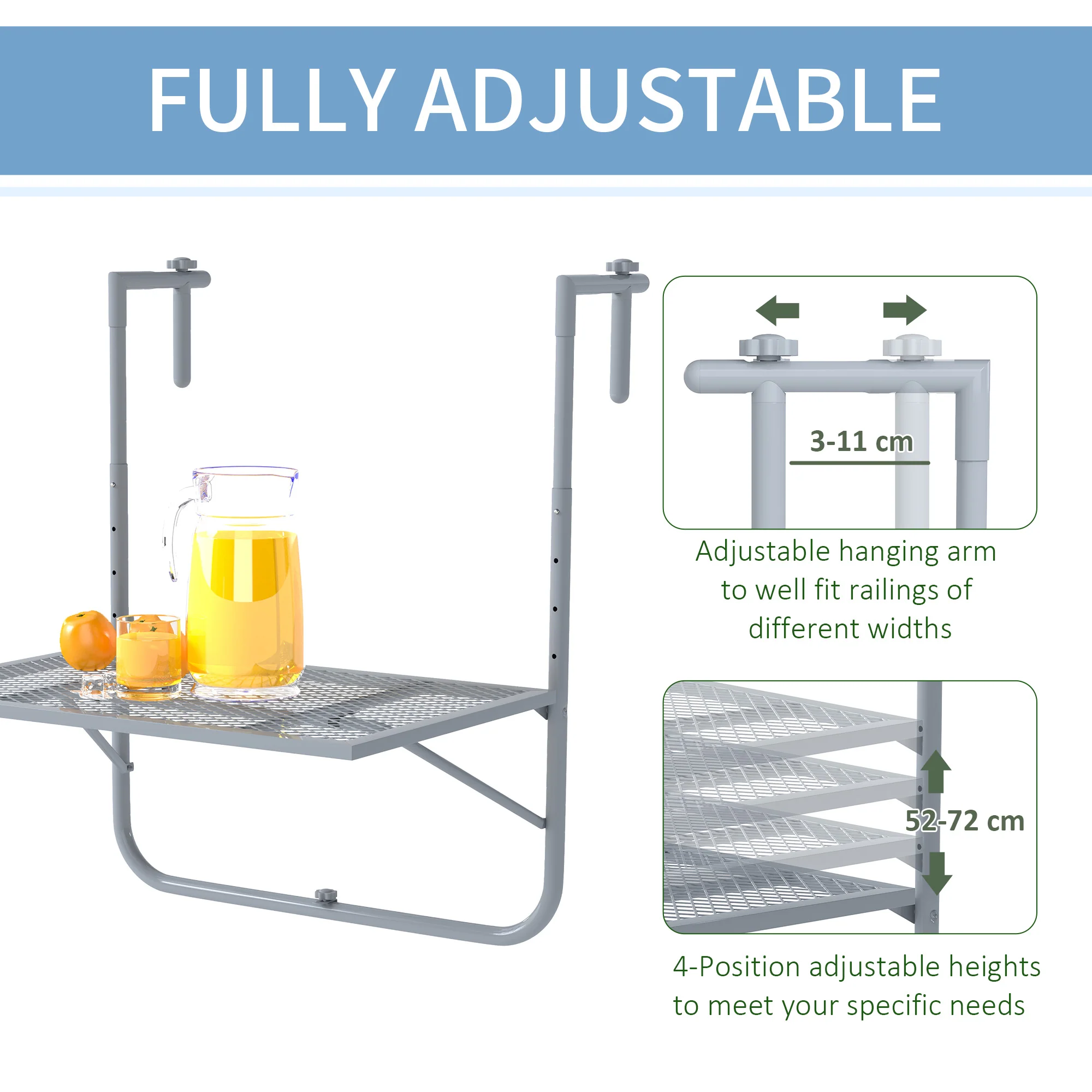 Outsunny Balcony Hanging Table Wall Mount Adjustable Folding Desk Patio Grey - Image 3