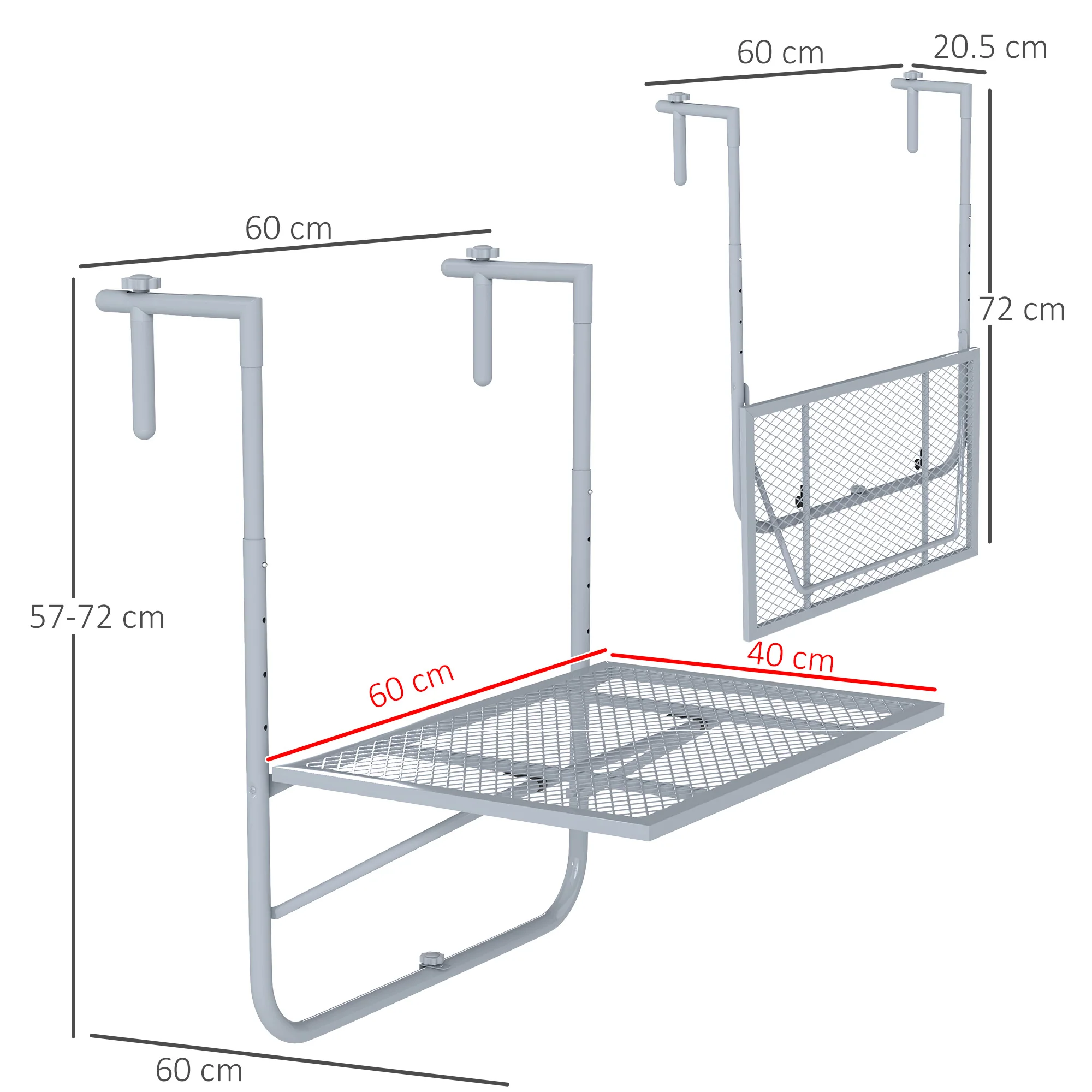 Outsunny Balcony Hanging Table Wall Mount Adjustable Folding Desk Patio Grey - Image 5
