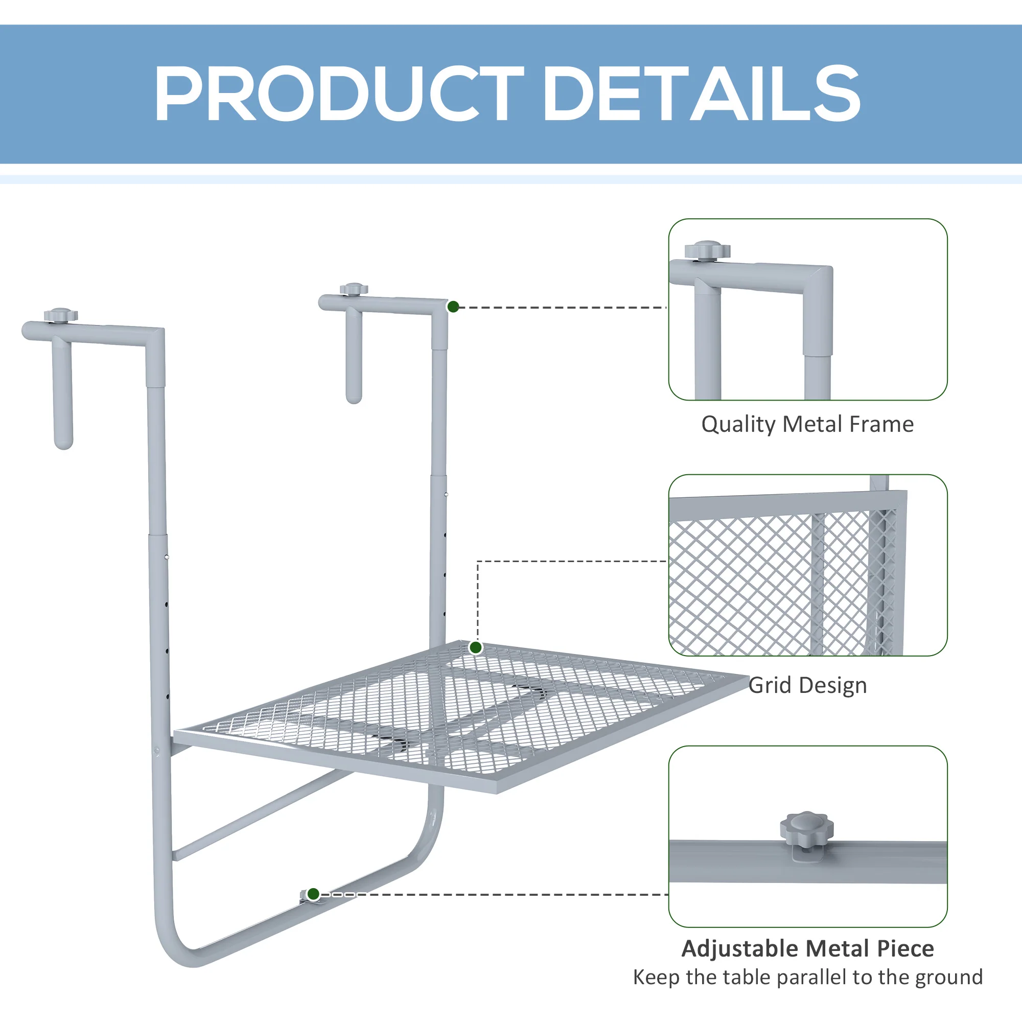 Outsunny Balcony Hanging Table Wall Mount Adjustable Folding Desk Patio Grey - Image 6