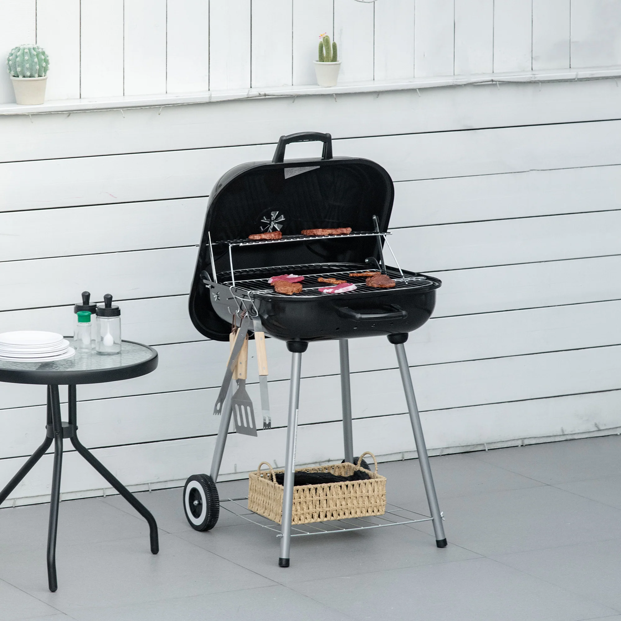 Outsunny BBQ Charcoal Smoker Grill Trolley With 2 Wheels And Grilling Utensils - Image 2