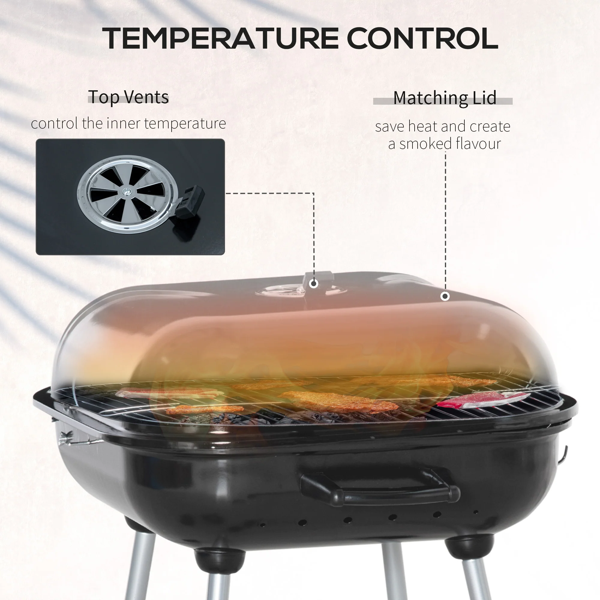 Outsunny BBQ Charcoal Smoker Grill Trolley With 2 Wheels And Grilling Utensils - Image 3