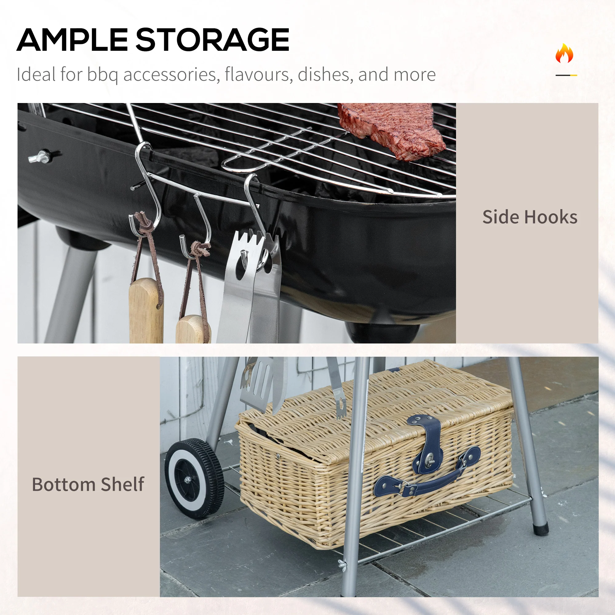 Outsunny BBQ Charcoal Smoker Grill Trolley With 2 Wheels And Grilling Utensils - Image 4