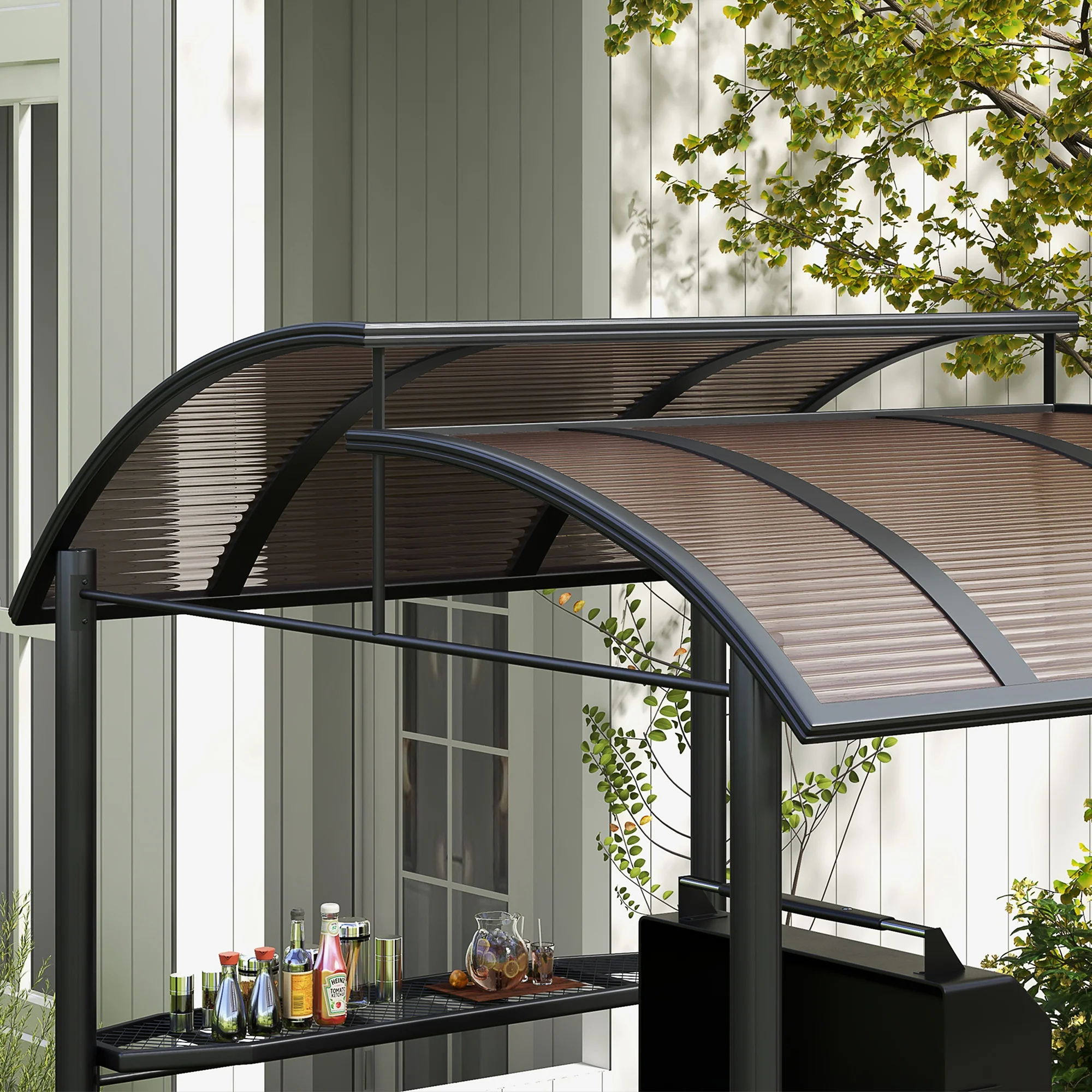 Outsunny BBQ Patio Canopy Gazebo with Interlaced Polycarbonate Roof 2 Shelves - Image 7