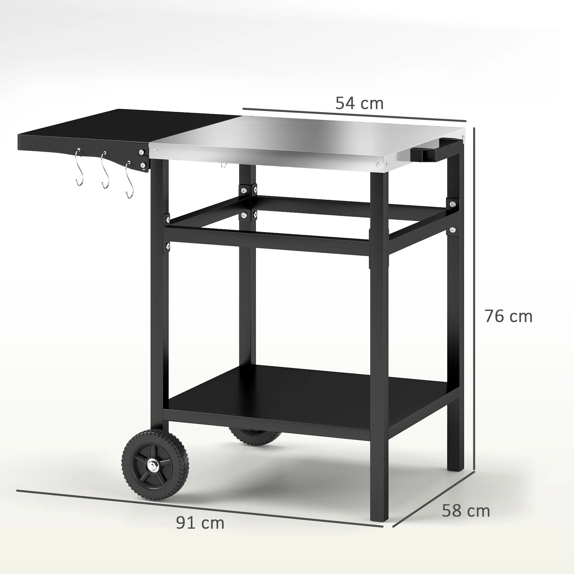 Outsunny BBQ Trolley with Foldable Side Table, Movable Pizza Table, Black - Image 5