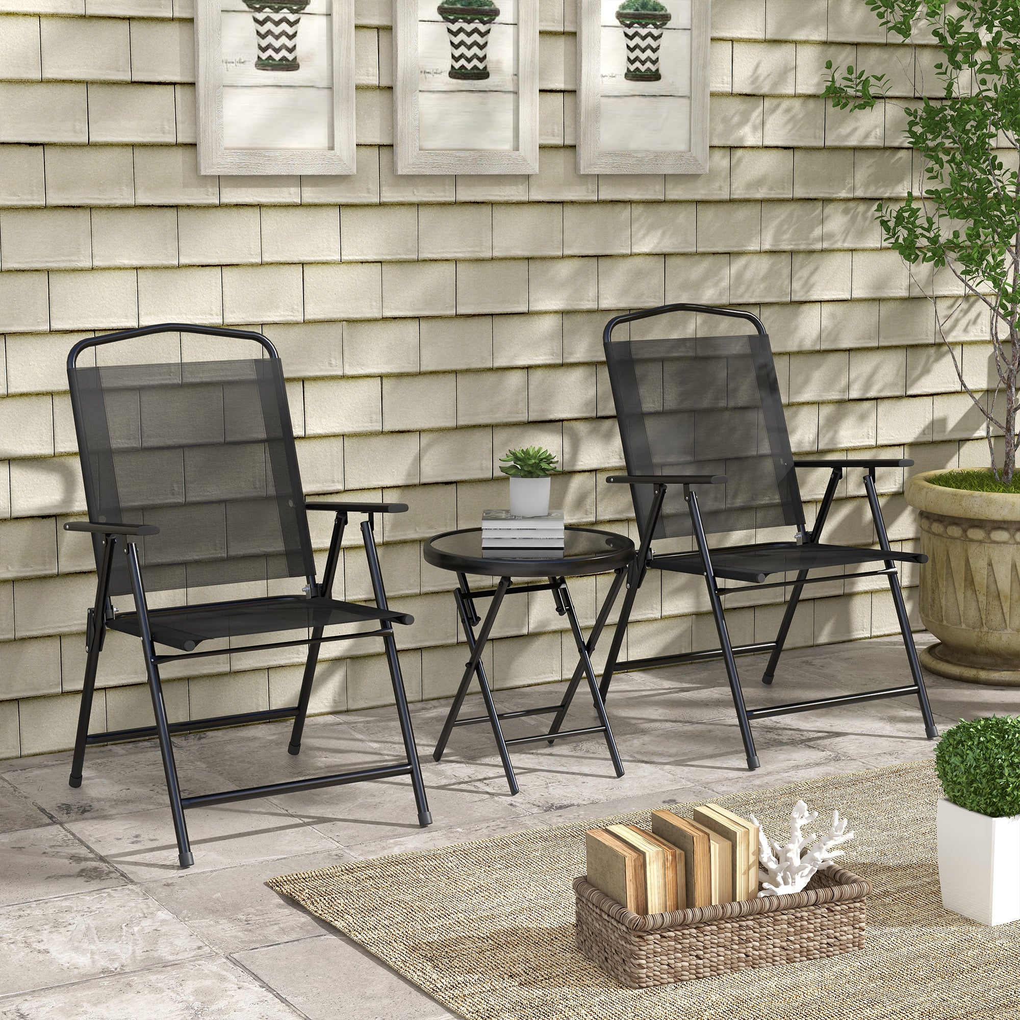 Outsunny Bistro Set Folding Chairs & Coffee Table For Balcony, Black - Image 2