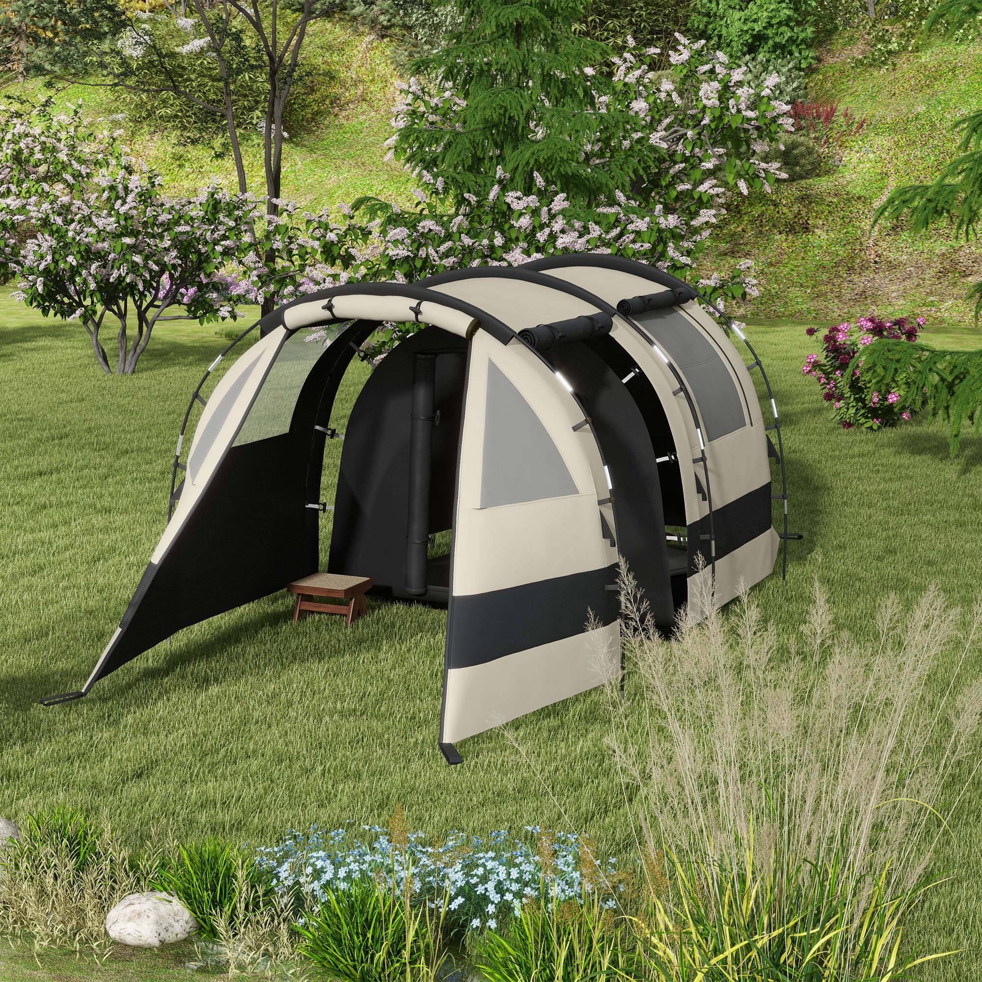 Outsunny Blackout Camping Tent with Bedroom & Living Room for 4-5 Person, Khaki - Image 2