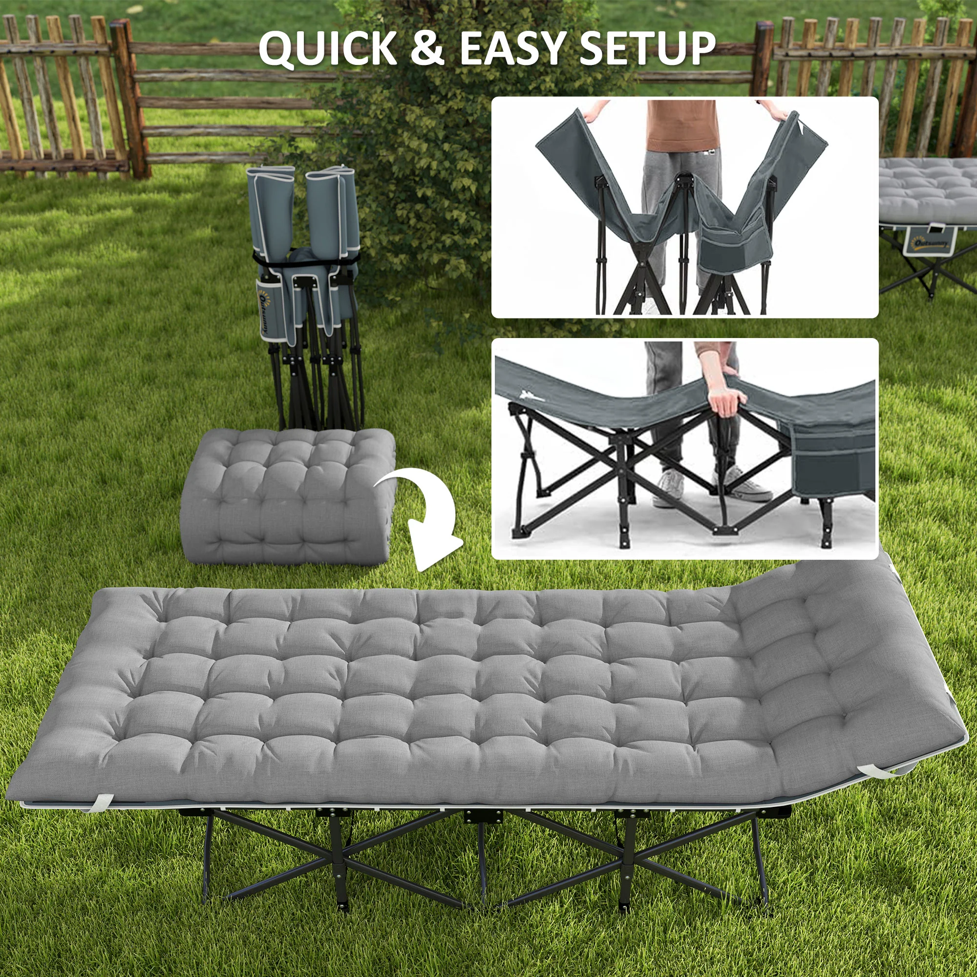 Outsunny Camping Bed For Adults With Mattress Folding Cot Light Grey - Image 7