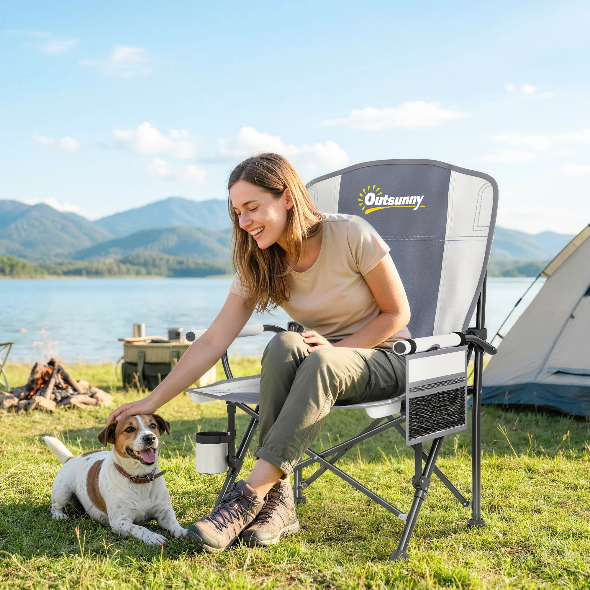 Outsunny Camping Chair Padded with Side Pocket Light Grey - Image 2