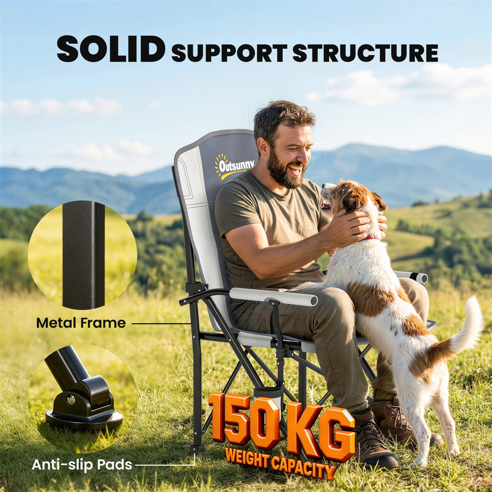 Outsunny Camping Chair Padded with Side Pocket Light Grey - Image 5