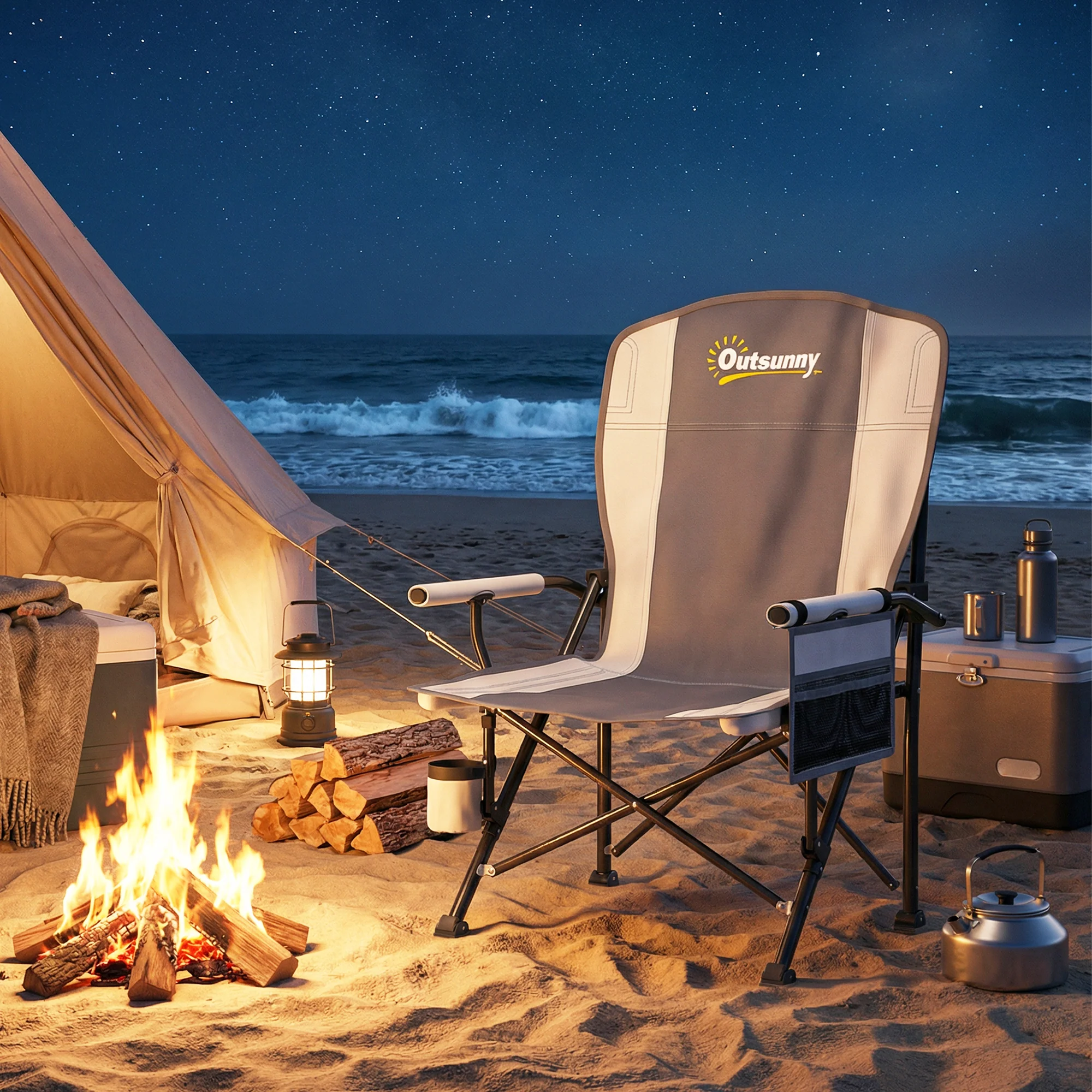 Outsunny Camping Chair Padded with Side Pocket Light Grey - Image 9