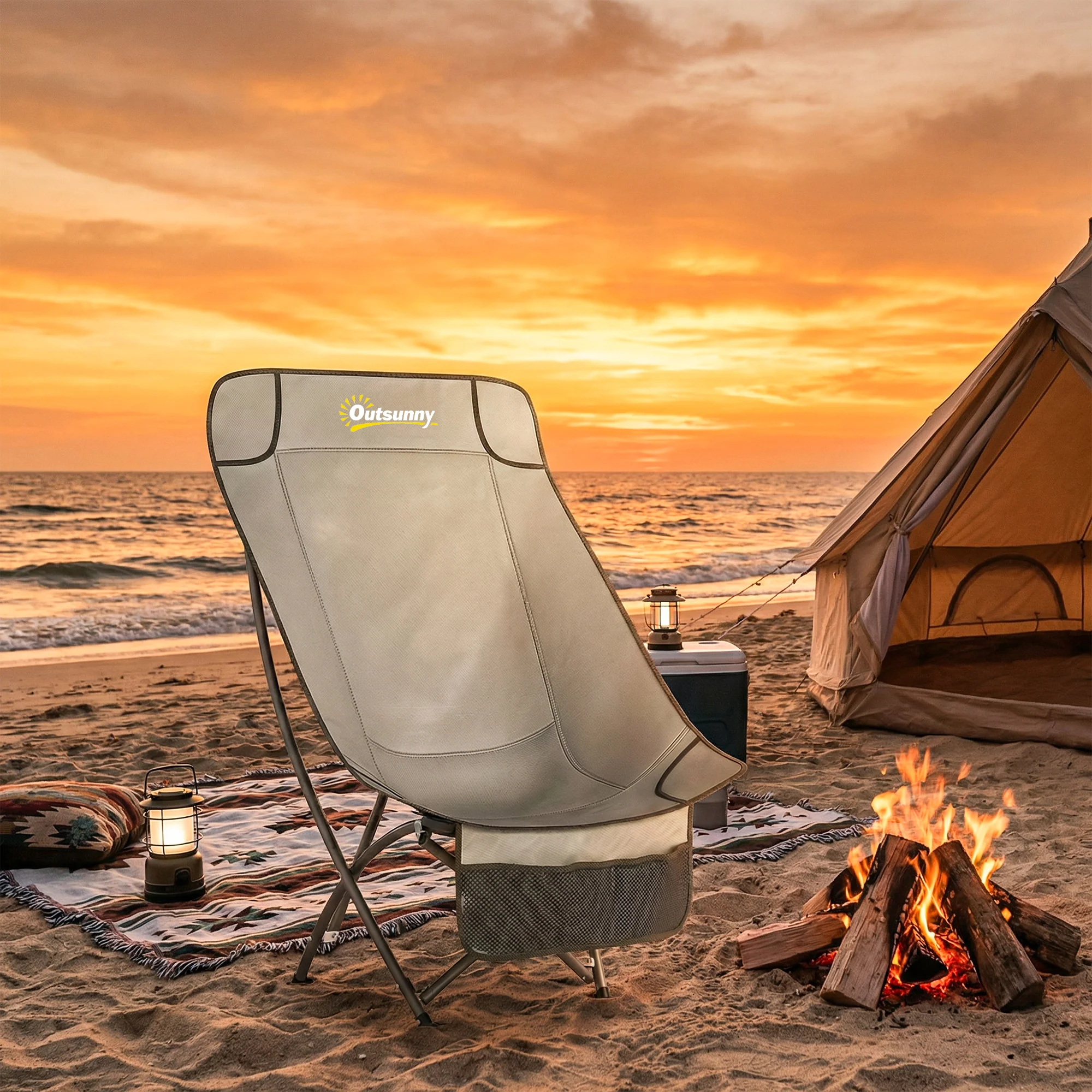 Outsunny Camping Chair Portable With Side Pocket Khaki - Image 9