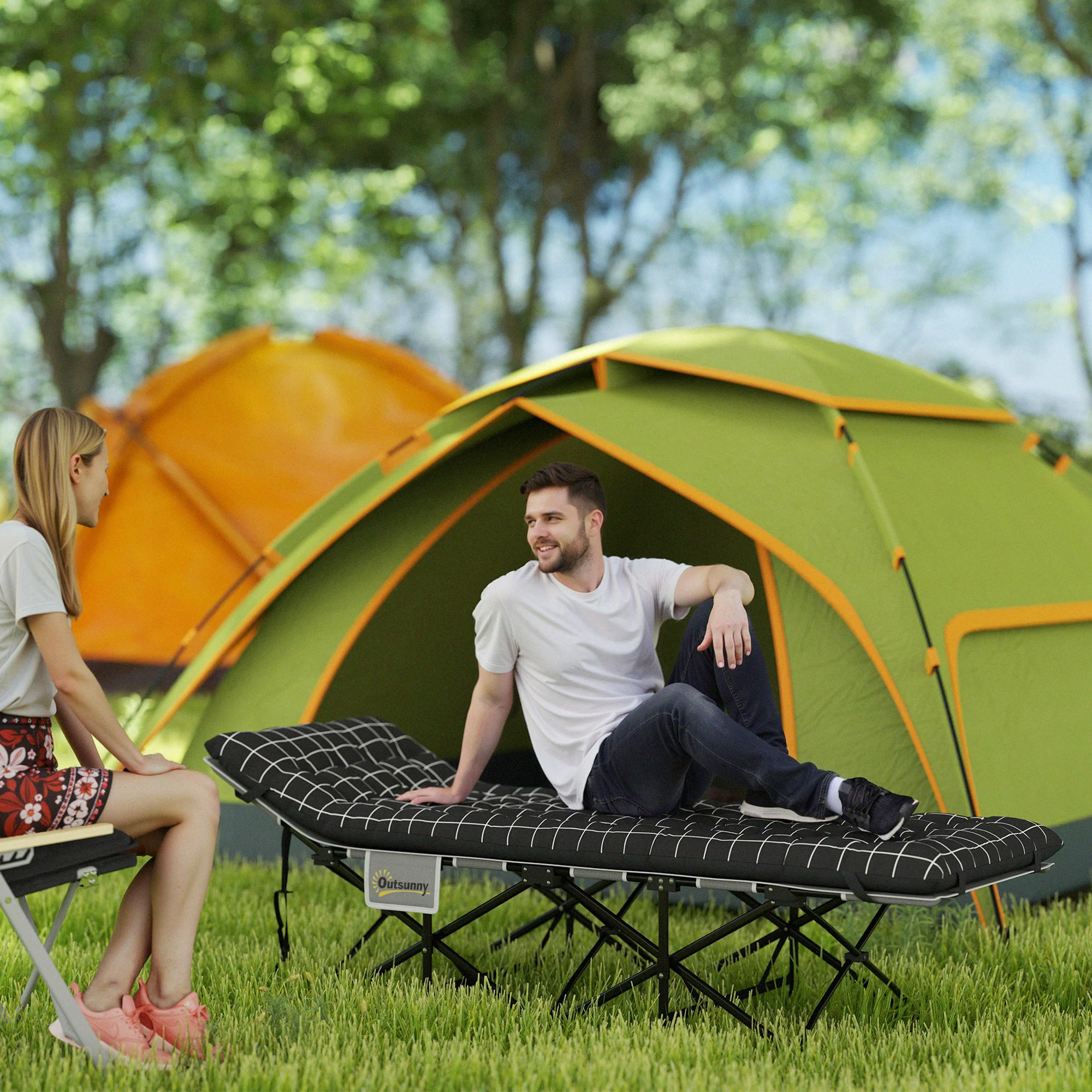 Outsunny Camping Cot For Adults With Mattress, Folding Bed, Black - Image 2