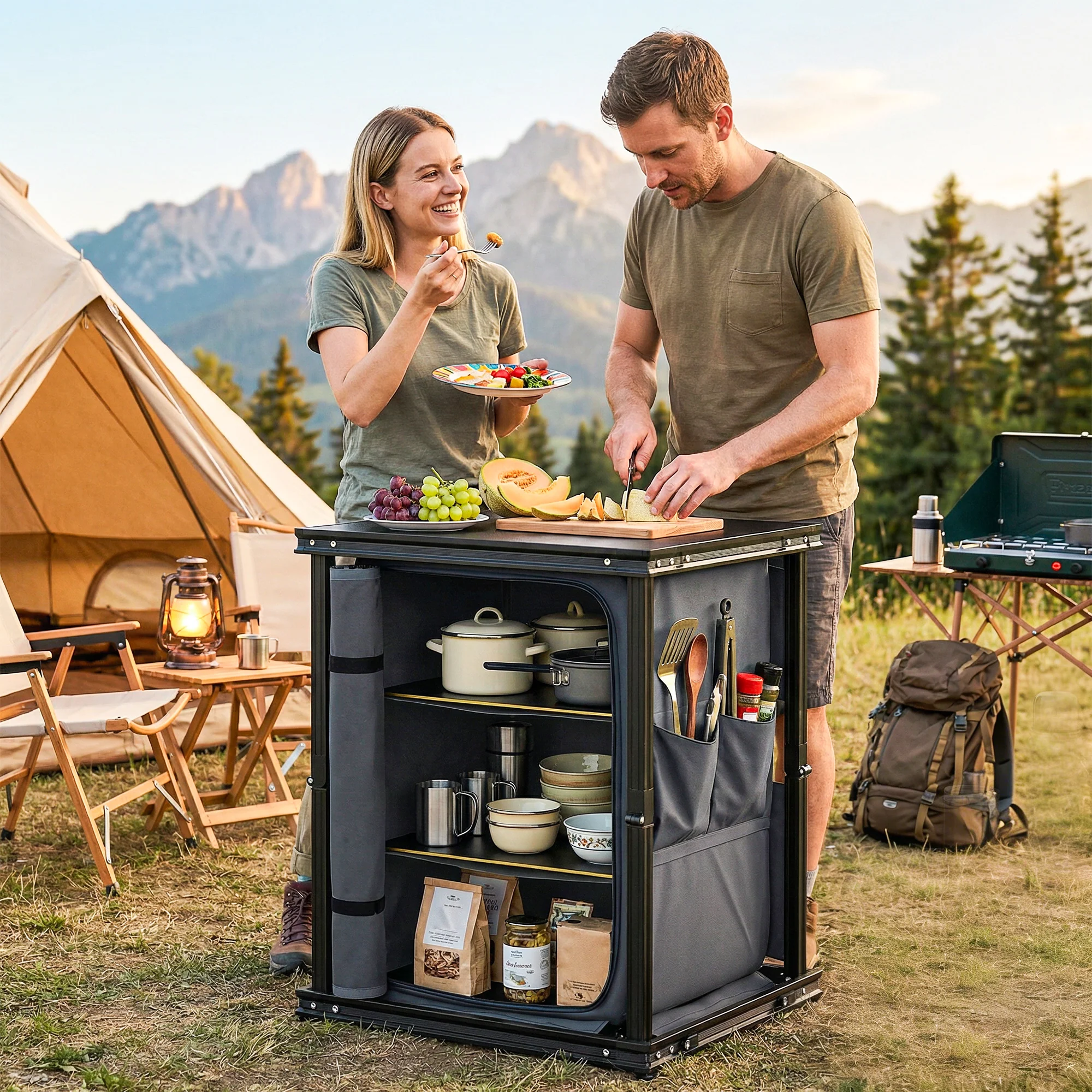 Outsunny Camping Cupboards, Folding Camping Kitchen Table With 3-Tier - Image 2