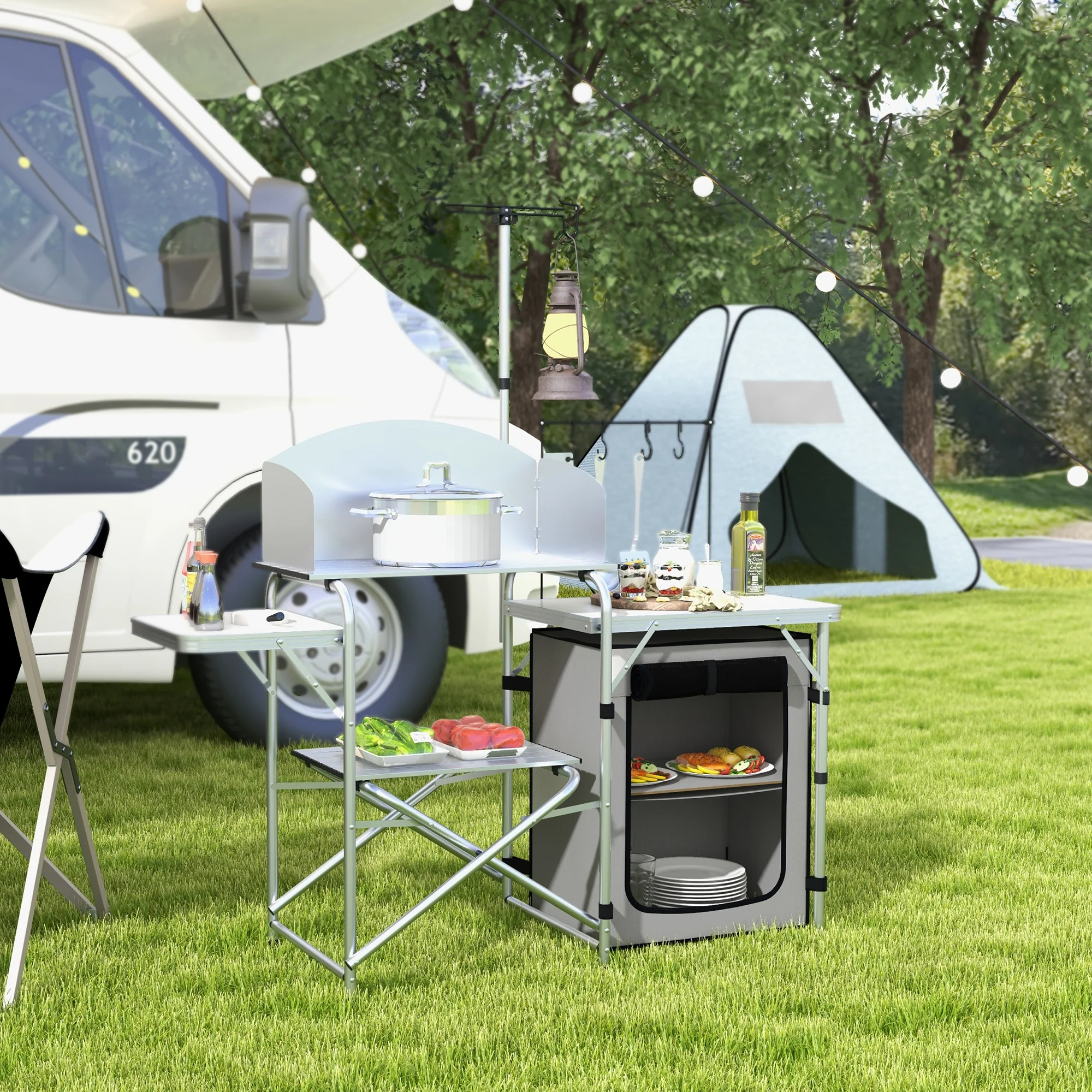Outsunny Camping Kitchen with Cupboard Folding Camping Table with Carrying Bag - Image 2