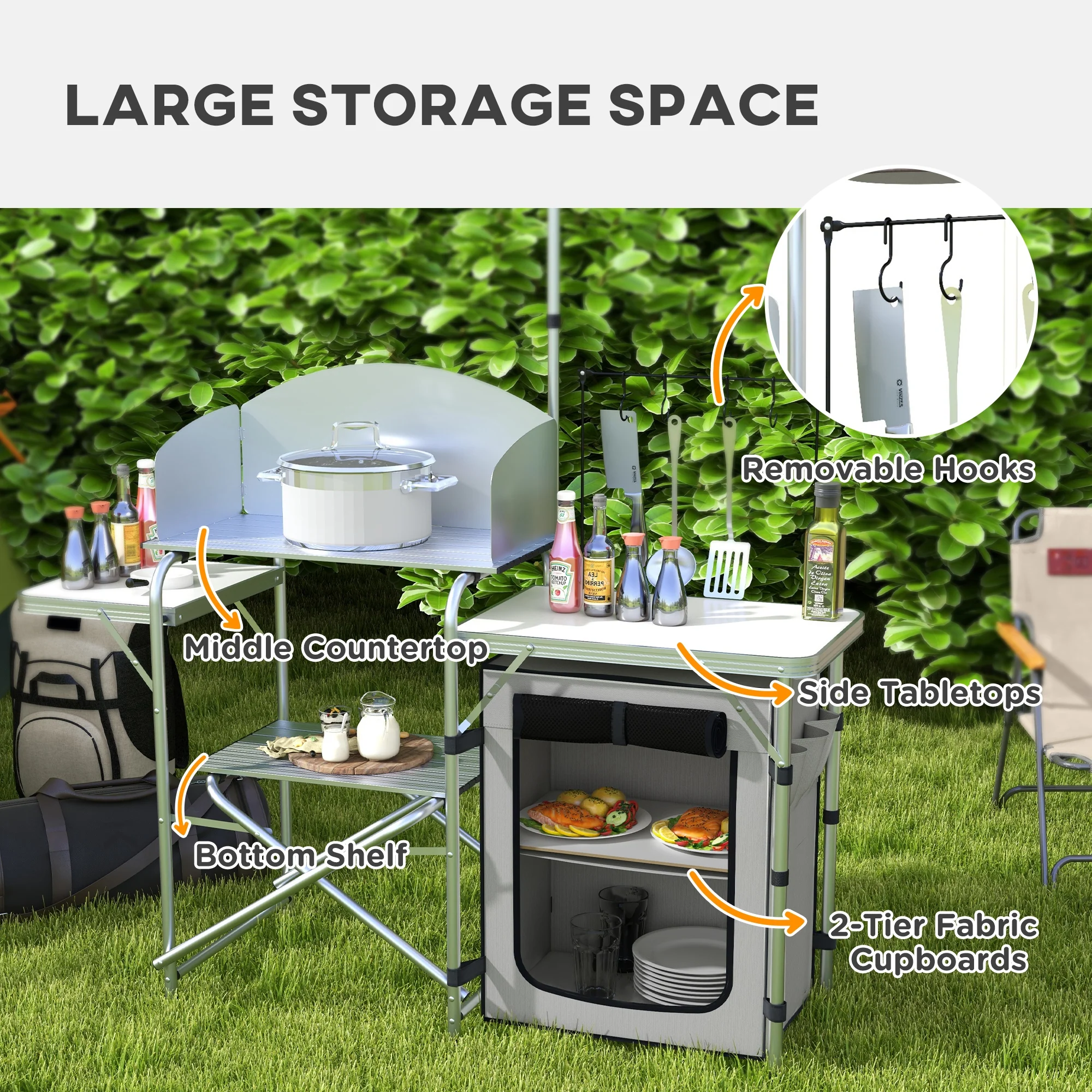 Outsunny Camping Kitchen with Cupboard Folding Camping Table with Carrying Bag - Image 3