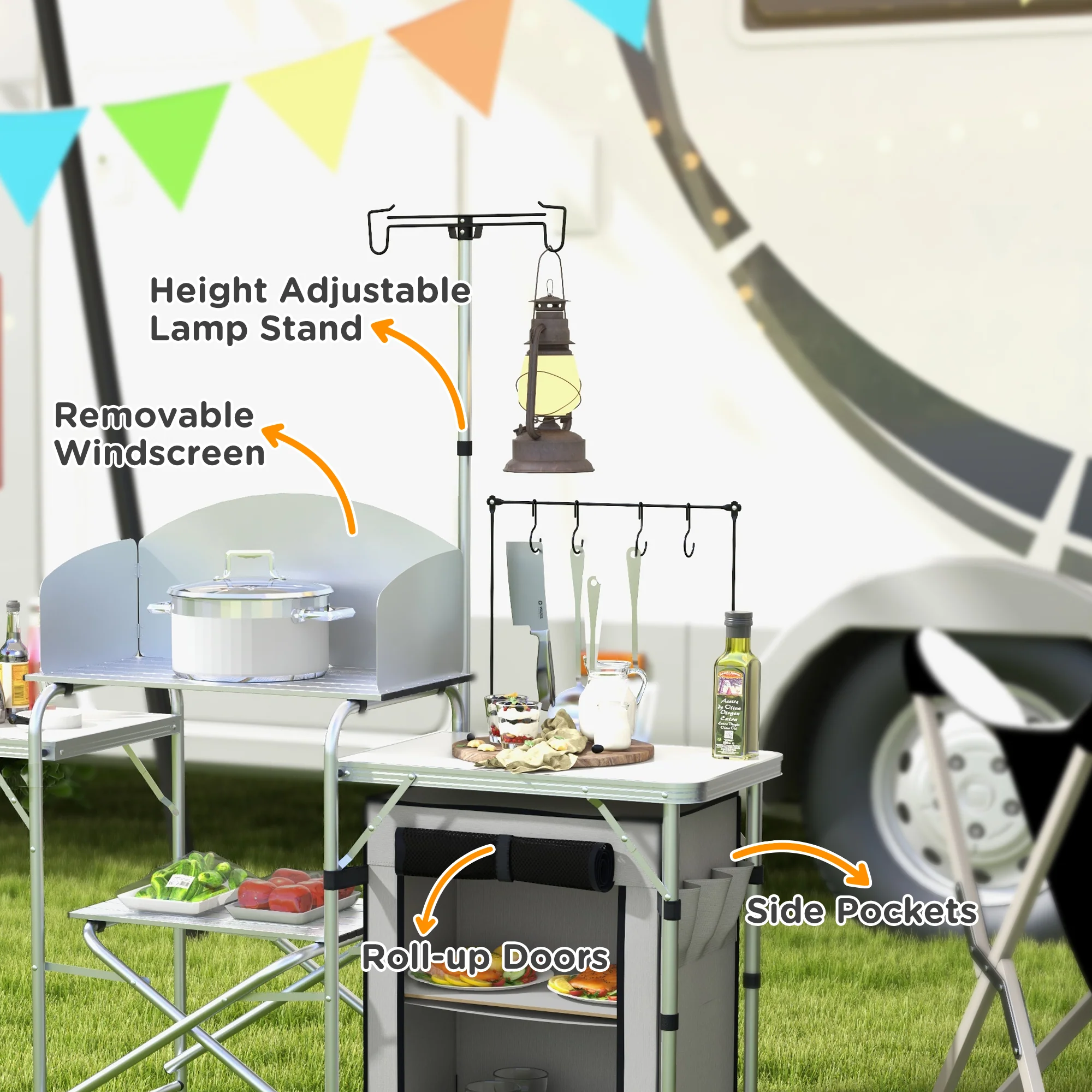 Outsunny Camping Kitchen with Cupboard Folding Camping Table with Carrying Bag - Image 4
