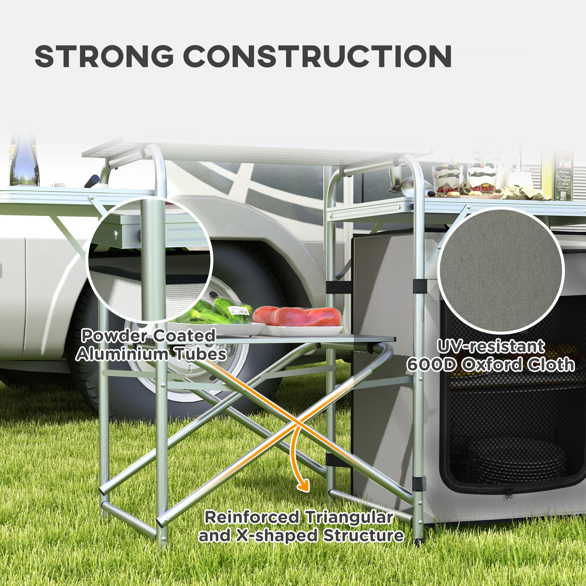 Outsunny Camping Kitchen with Cupboard Folding Camping Table with Carrying Bag - Image 7