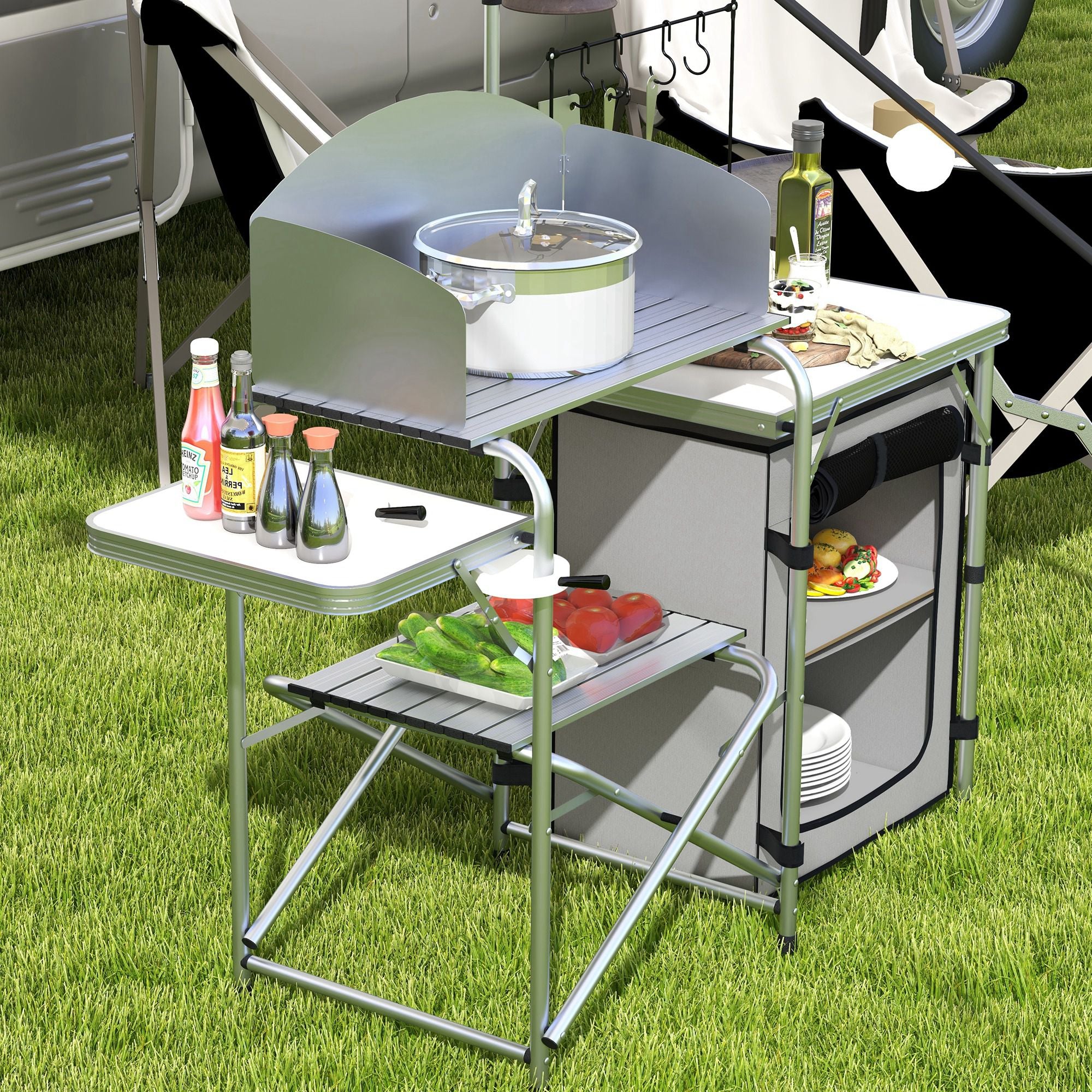 Outsunny Camping Kitchen with Cupboard Folding Camping Table with Carrying Bag - Image 8