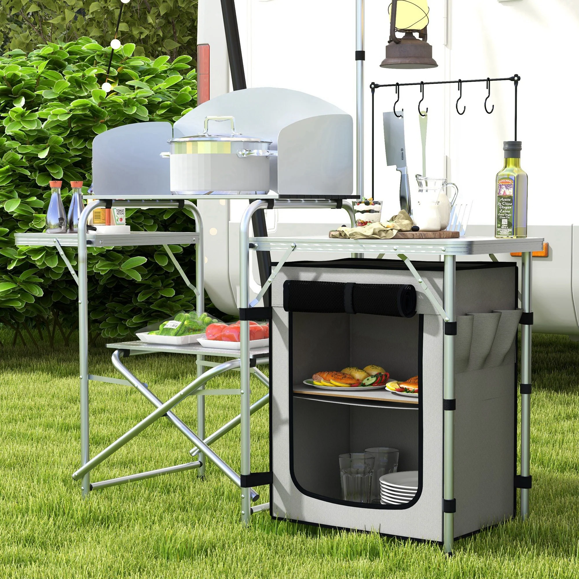 Outsunny Camping Kitchen with Cupboard Folding Camping Table with Carrying Bag - Image 9