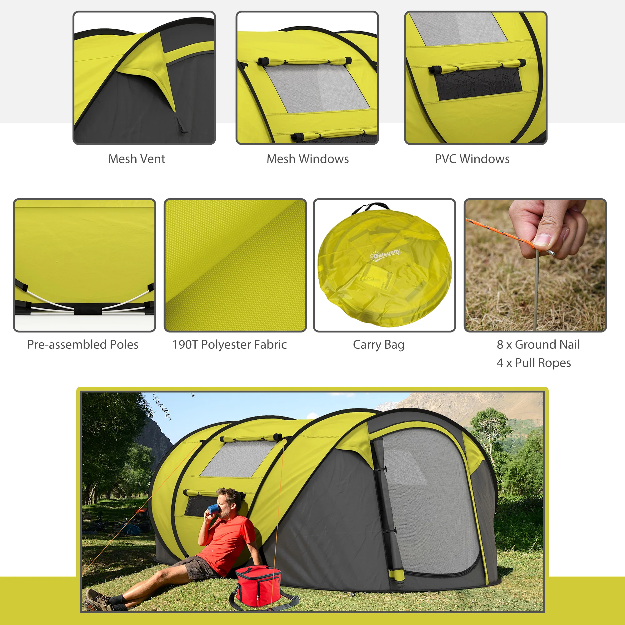 Outsunny Camping Tent Dome Pop-up Tent with Windows for 4-5 Person Yellow - Image 7