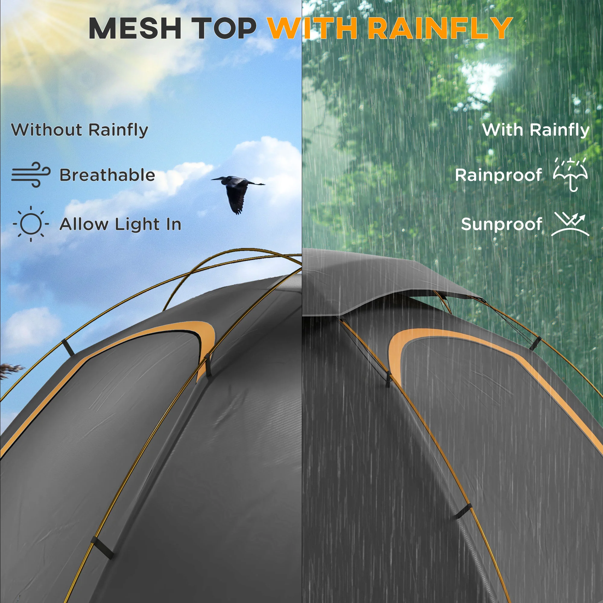 Outsunny Camping Tent Dome Tent with Removable Rainfly for 1-2 Man, Grey - Image 3