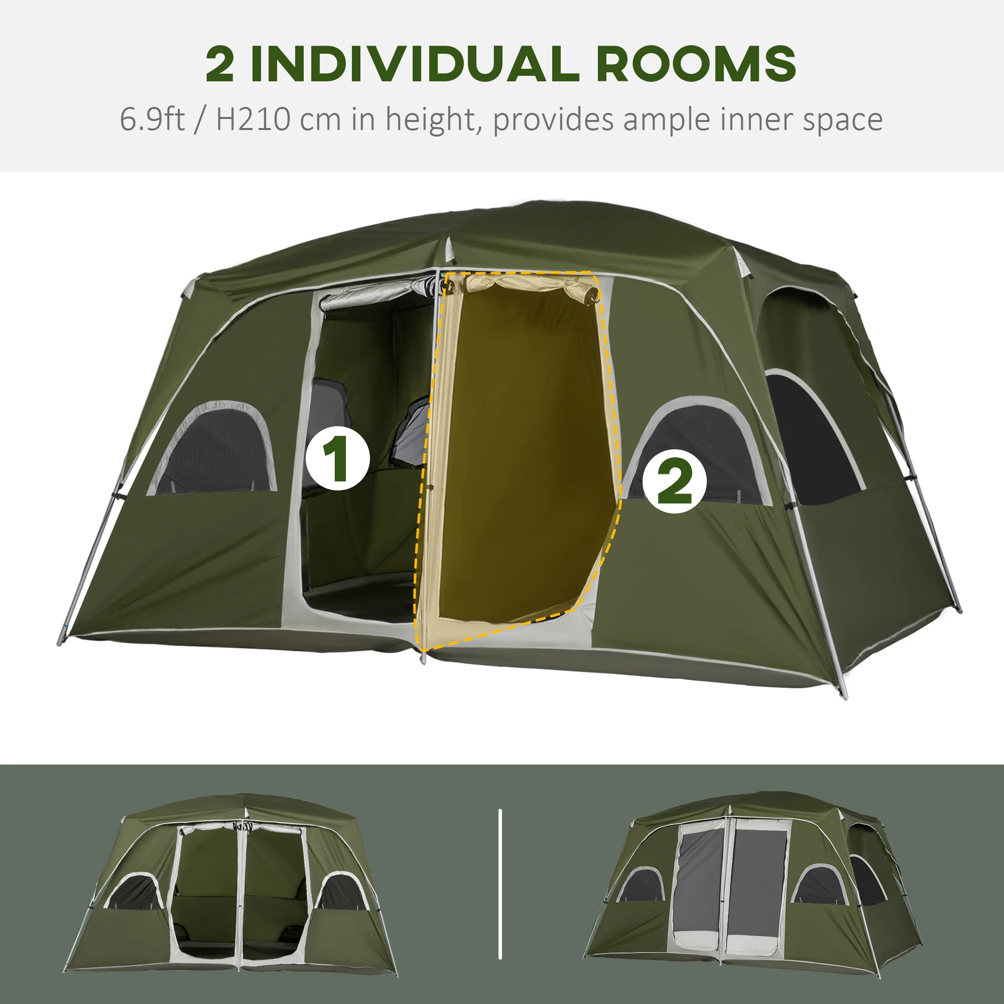 Outsunny Camping Tent, Family Tent 4-8 Person 2 Room, with Large Mesh Windows, Easy Set Up for Backpacking Hiking Outdoor, Green - Image 6