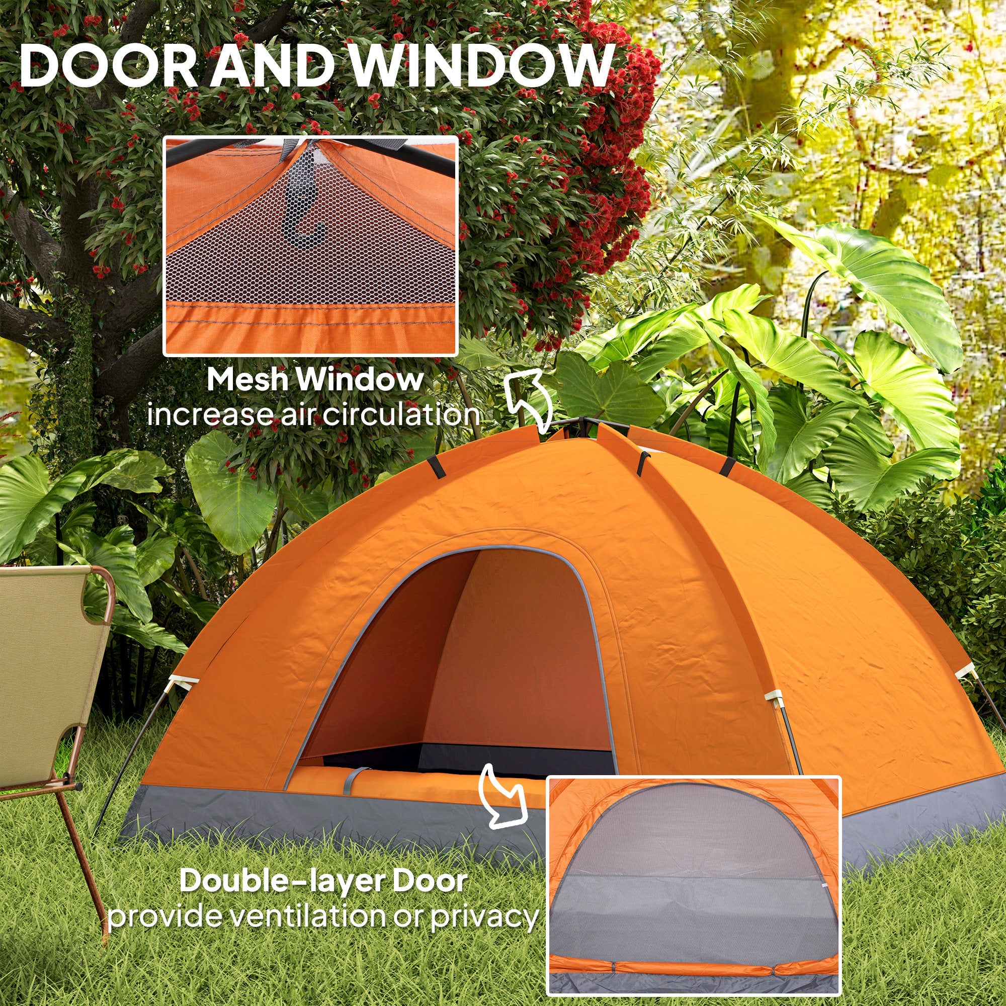 Outsunny Camping Tent for 2 Person Dome Tent w/ Storage Pocket Orange - Image 3