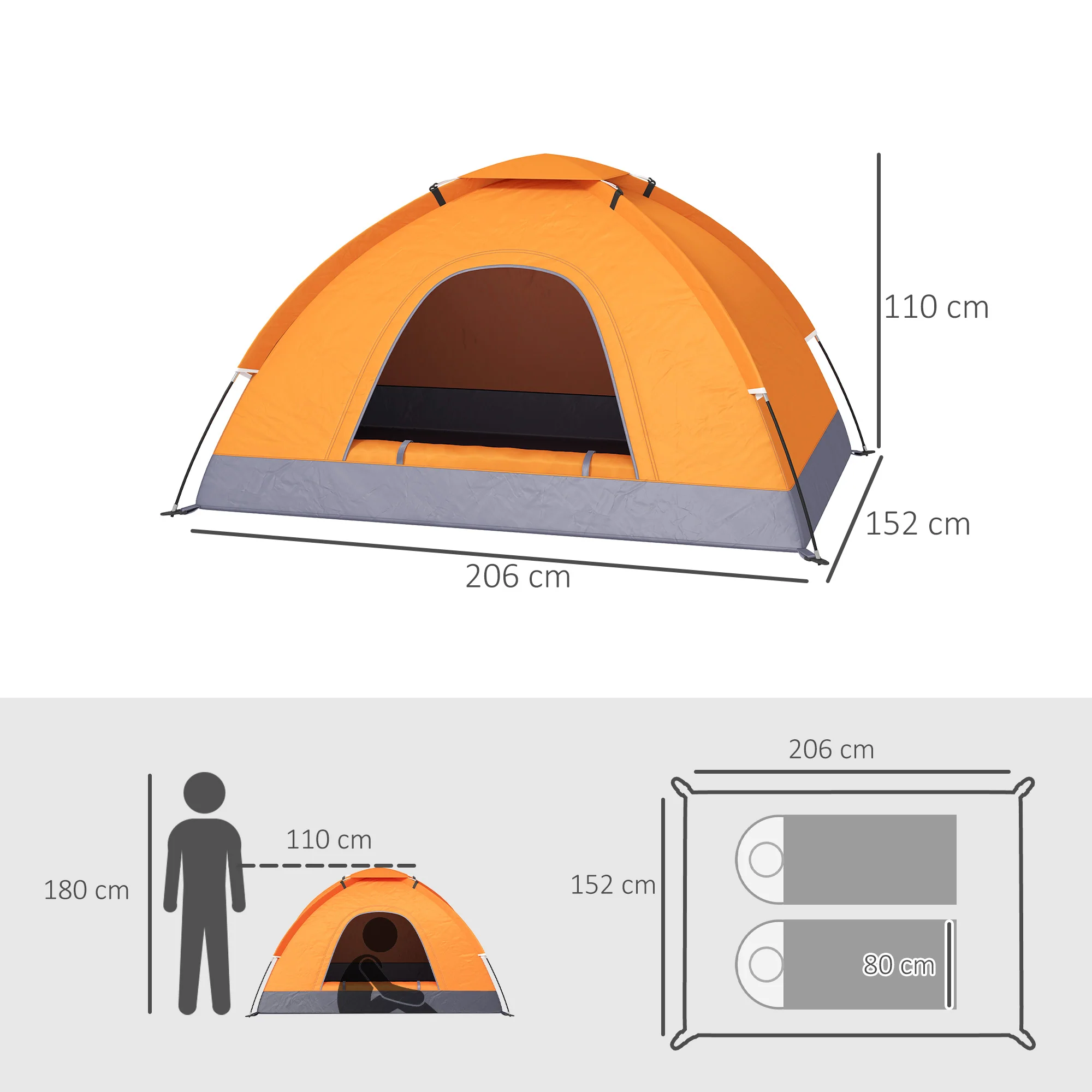 Outsunny Camping Tent for 2 Person Dome Tent w/ Storage Pocket Orange - Image 5