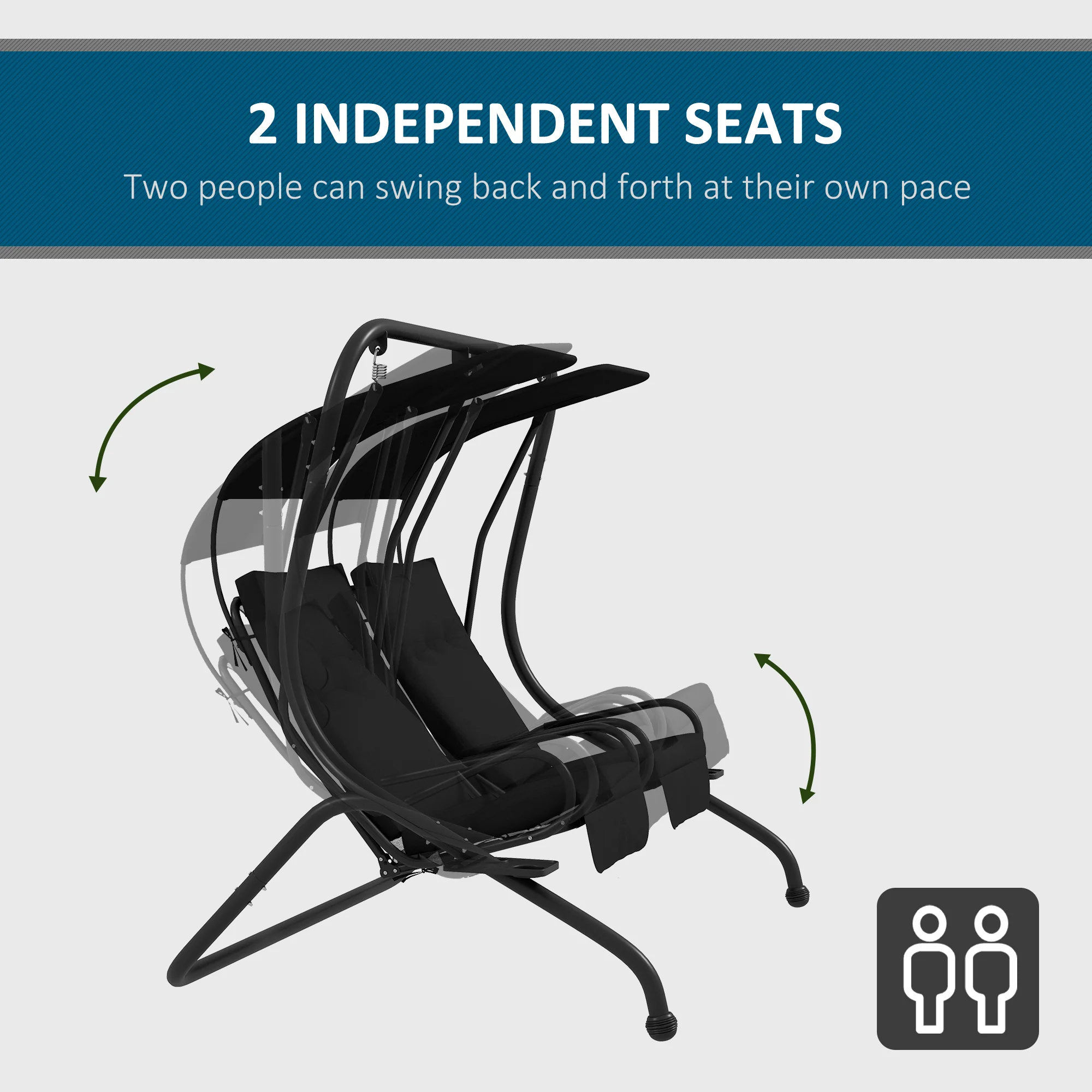 Outsunny Canopy Swing 2 Separate Relax Chairs w/ Handrails, Cup Holders - Image 3