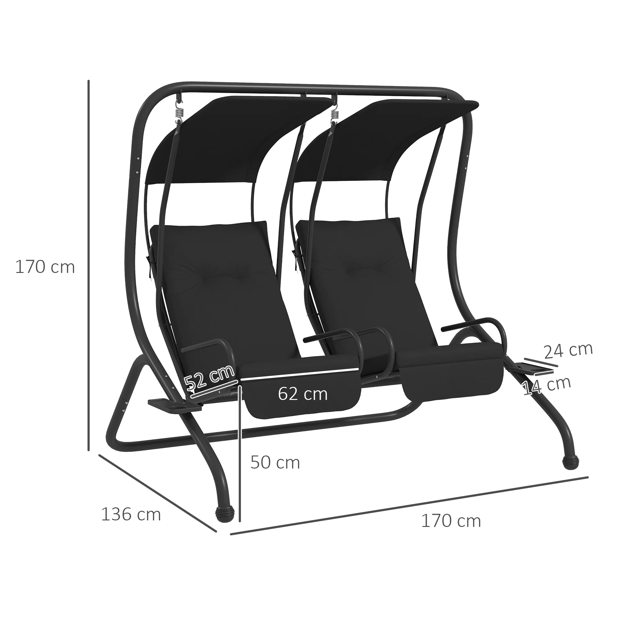 Outsunny Canopy Swing 2 Separate Relax Chairs w/ Handrails, Cup Holders - Image 5