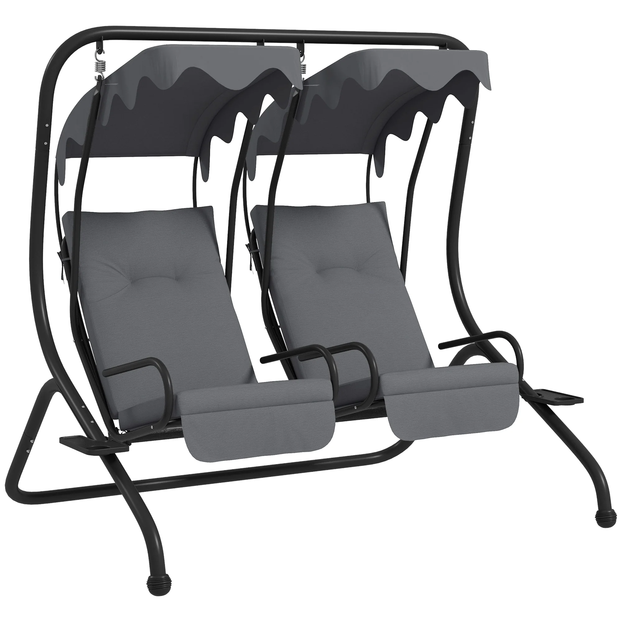 Outsunny Canopy Swing 2 Separate Relax Chairs w/ Handrails, Cup Holders Grey