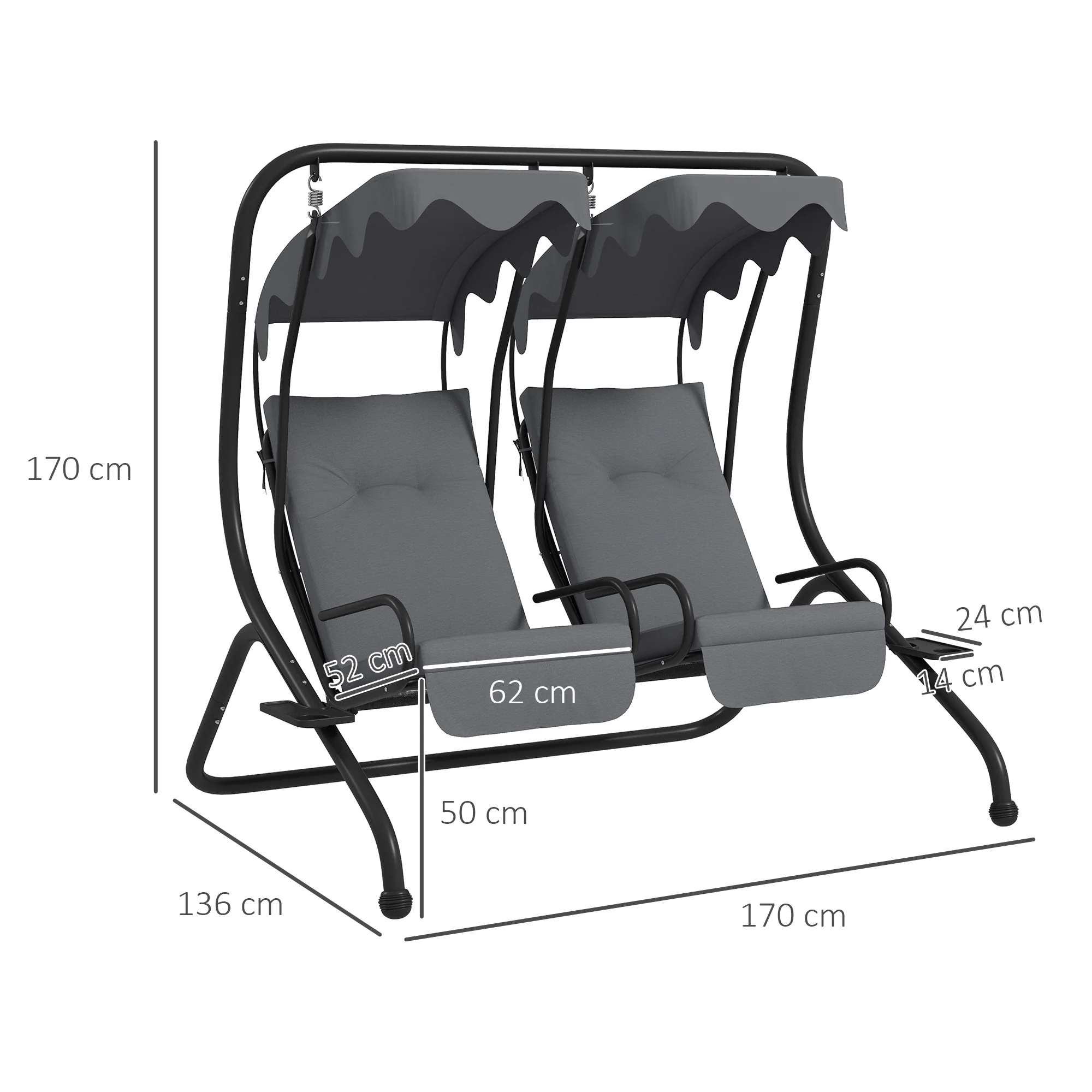 Outsunny Canopy Swing 2 Separate Relax Chairs w/ Handrails, Cup Holders Grey - Image 5