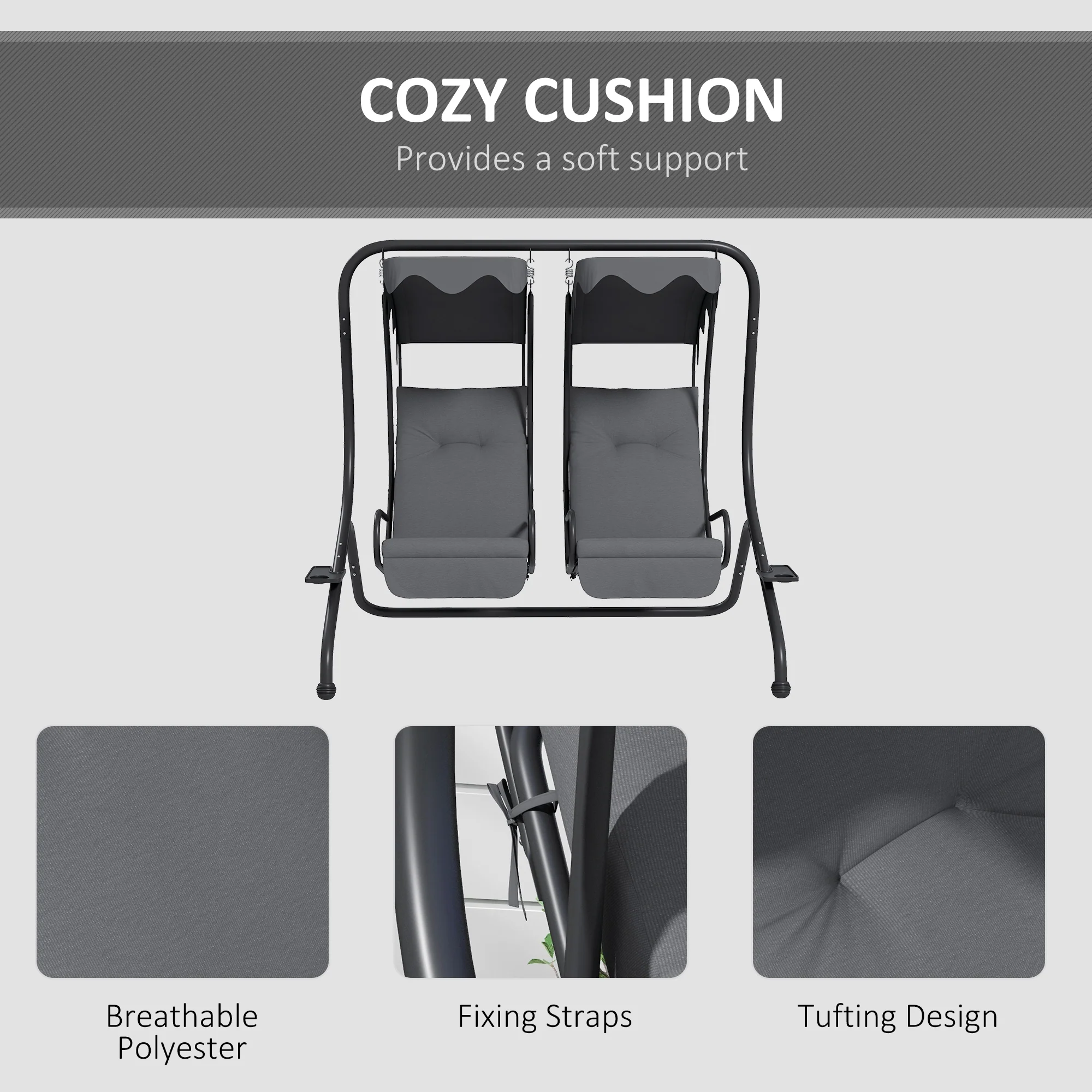 Outsunny Canopy Swing 2 Separate Relax Chairs w/ Handrails, Cup Holders Grey - Image 6