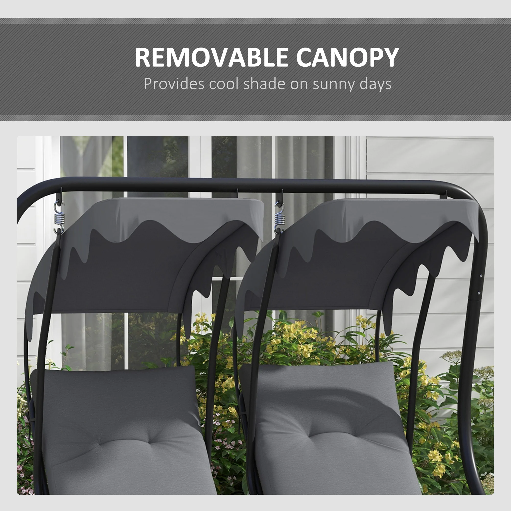 Outsunny Canopy Swing 2 Separate Relax Chairs w/ Handrails, Cup Holders Grey - Image 7