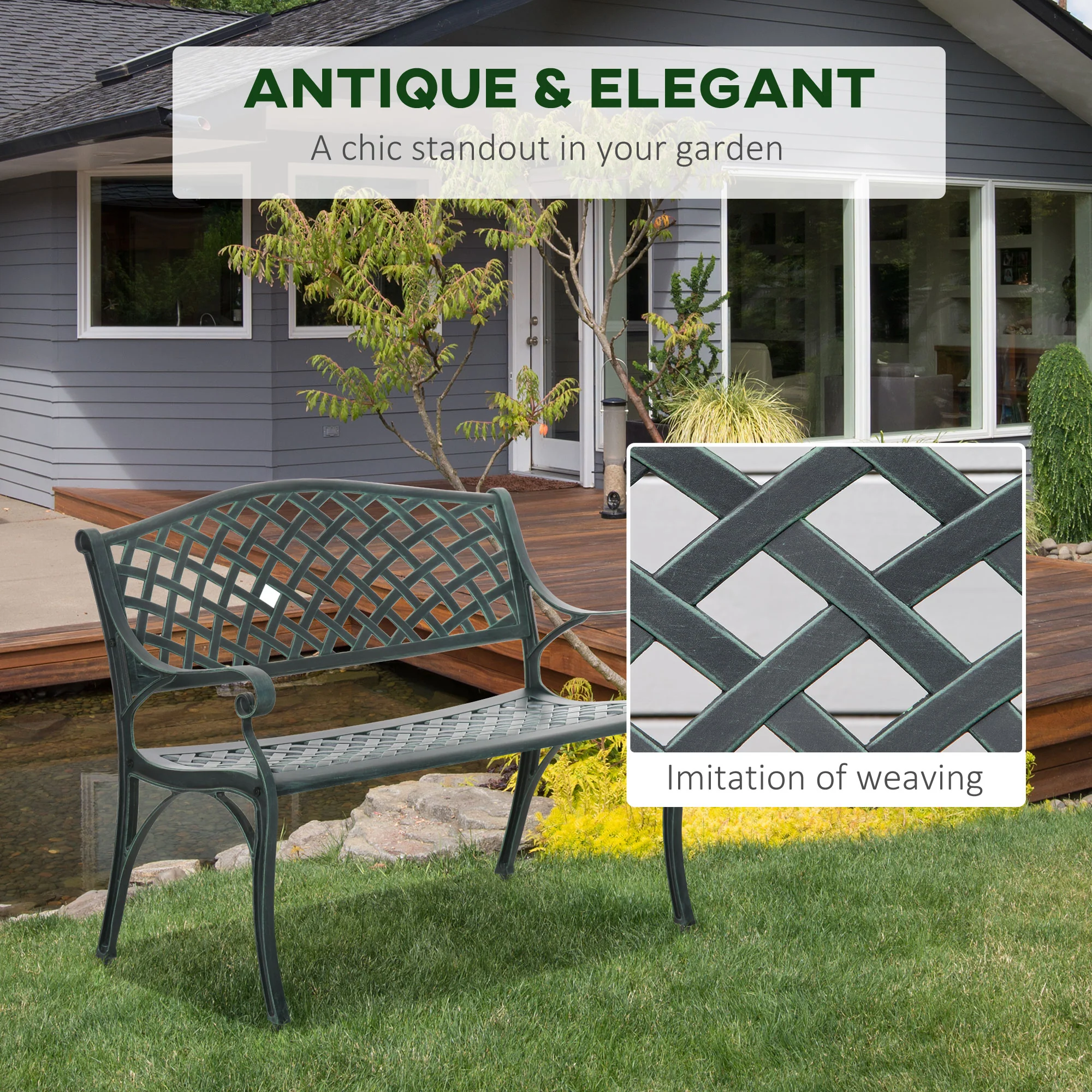 Outsunny Cast Aluminium Garden Bench 2 Seater Antique Loveseat for Outdoor Patio Porch Park, Verdigris - Image 3