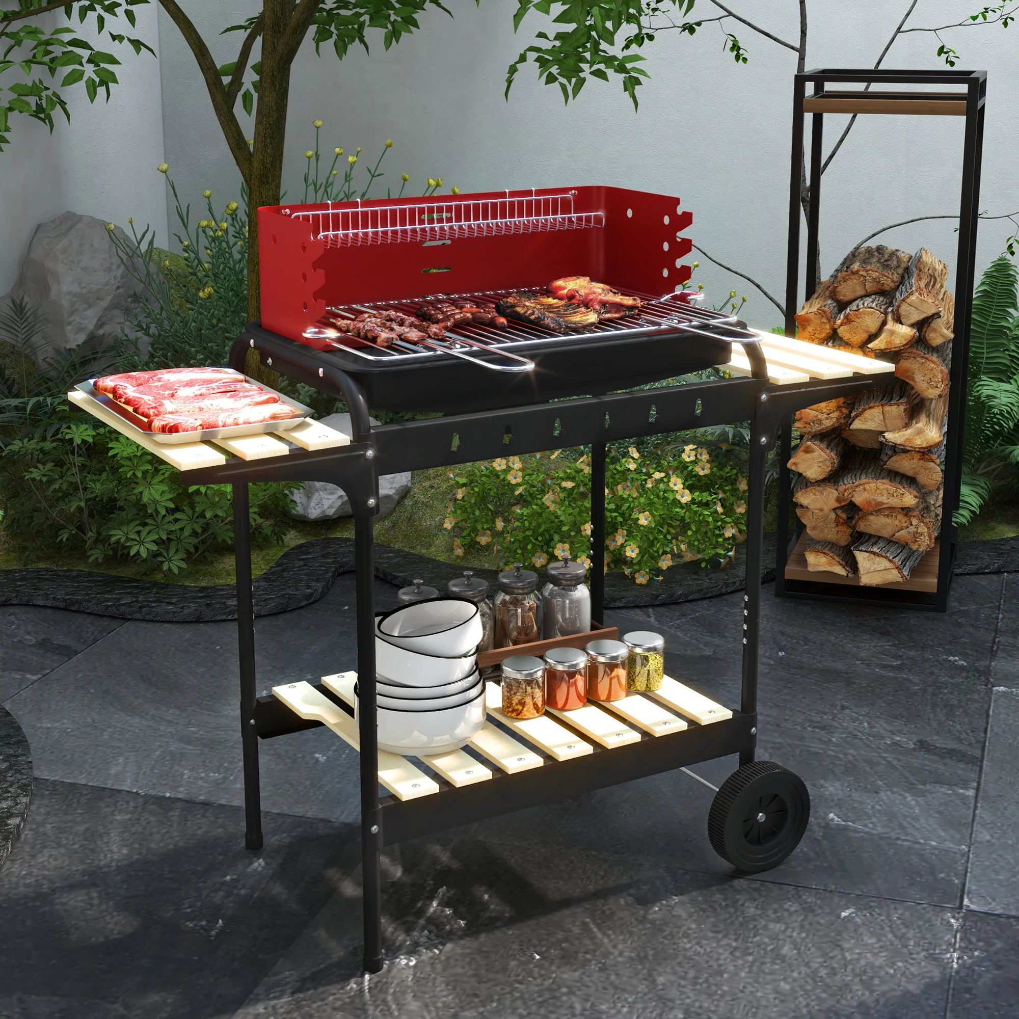 Outsunny Charcoal Barbecue BBQ Grill Trolley W/ 5-level Grill Height Ash Catcher - Image 11