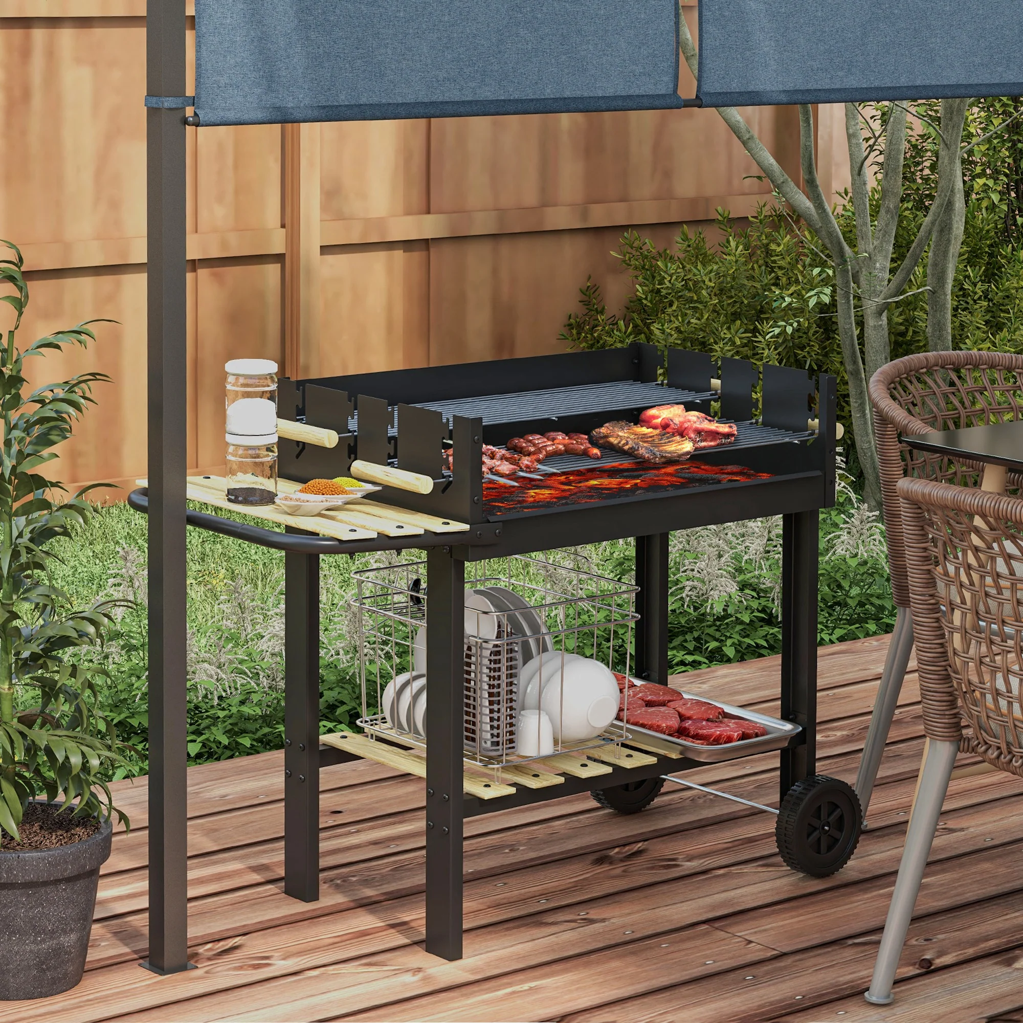 Outsunny Charcoal BBQ Grill With Side Table, Storage Shelf And Wheels - Image 2