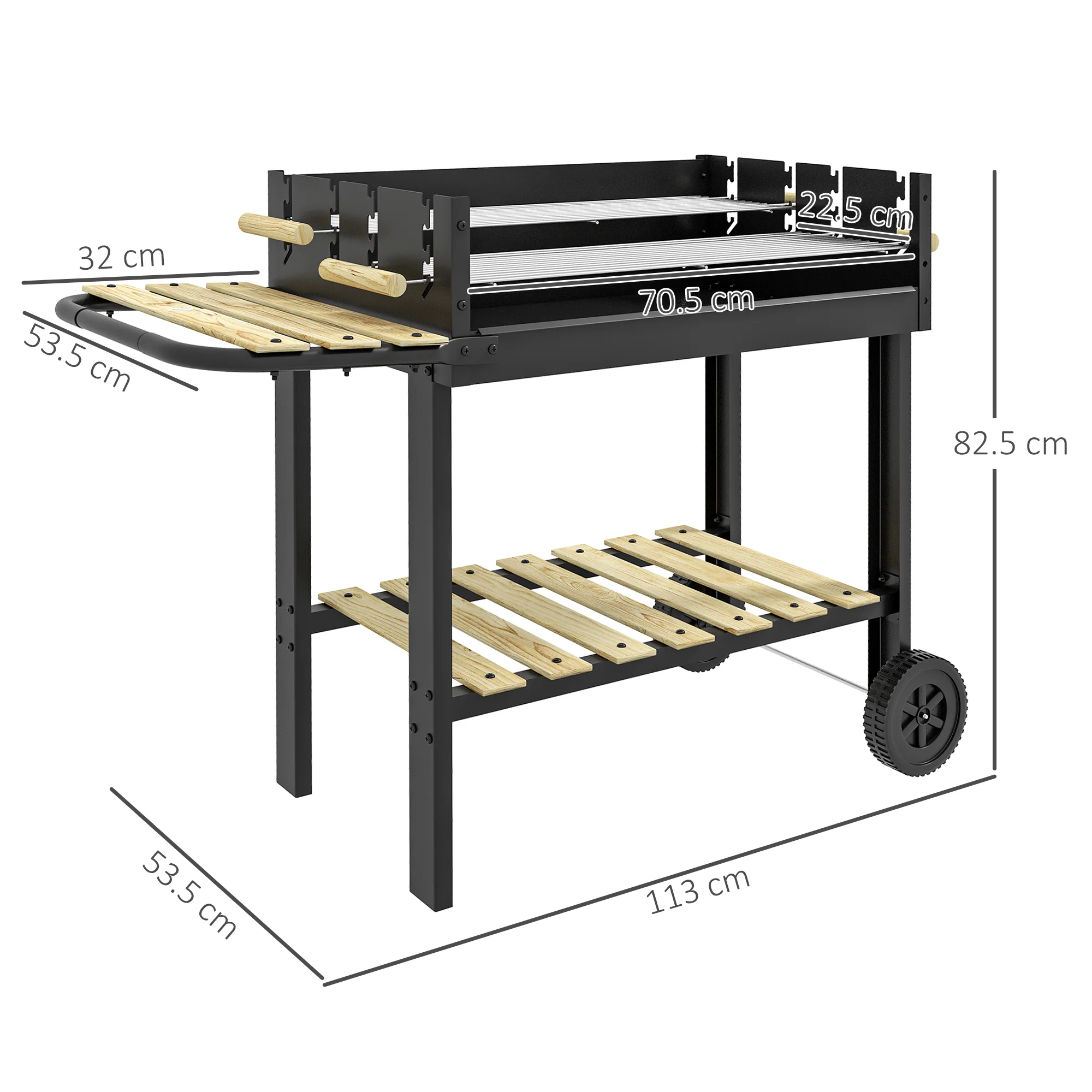 Outsunny Charcoal BBQ Grill With Side Table, Storage Shelf And Wheels - Image 5